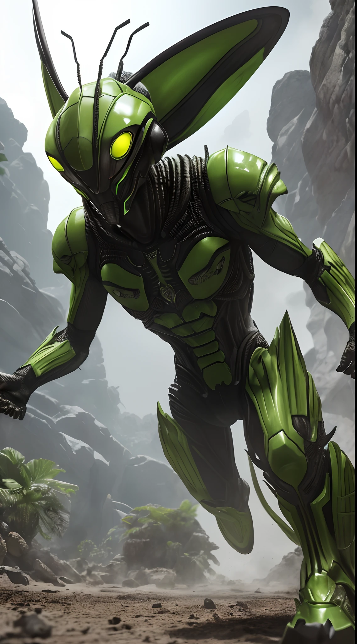 ( Alien male insect locust in lethal attack position, con partes de metal y aleaciones de fibra de amianto y fibra de carbono blanca, Cinematic Setting, Spatial lighting, fondo blanco, mejor calidad, HDR, ART Station, render 16K, imagen hiper realista, asesino, Alien planet species, masculino, terrifying, criatura obra de arte, 16K, renderizado hiper realista, garras ojos negros mate, masculino guerrero implacable, Claws on the feet War Experience, alien insect Very dangerous soldier ) , render 16K piel verde claro, fondo neutro , cuerpo entero del insecto --auto