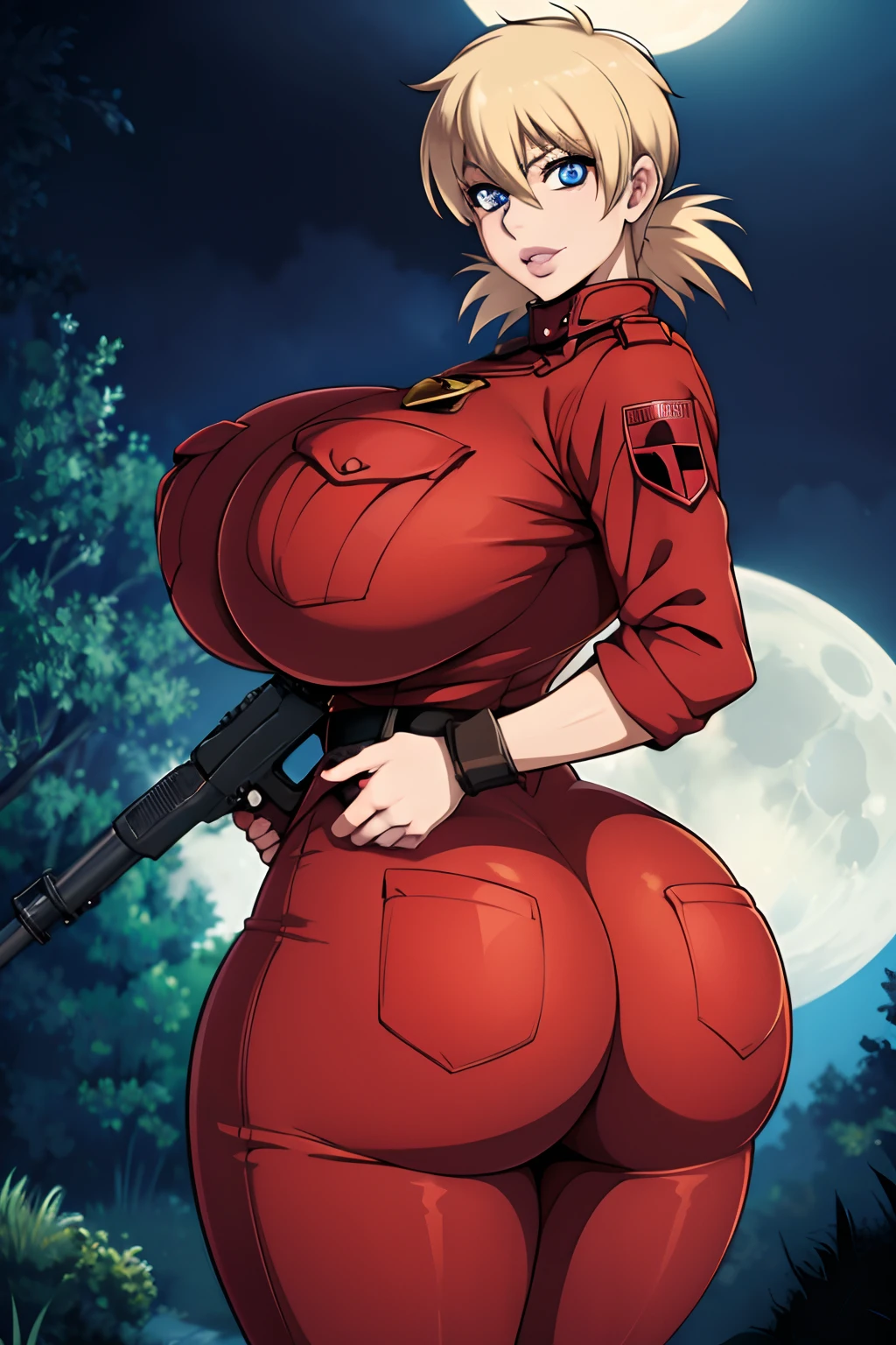 Hellsing Ultimate, Seras Victoria, 1girl, ((bimbo))), short spikey hair, blue eyes, puffy lips, thick lips,, wide hips, thick thighs, enormous round fake breast, huge ass, tight red police uniform, breasts squeezed together, Holding machine gun, posing, close up, night time, Moon,