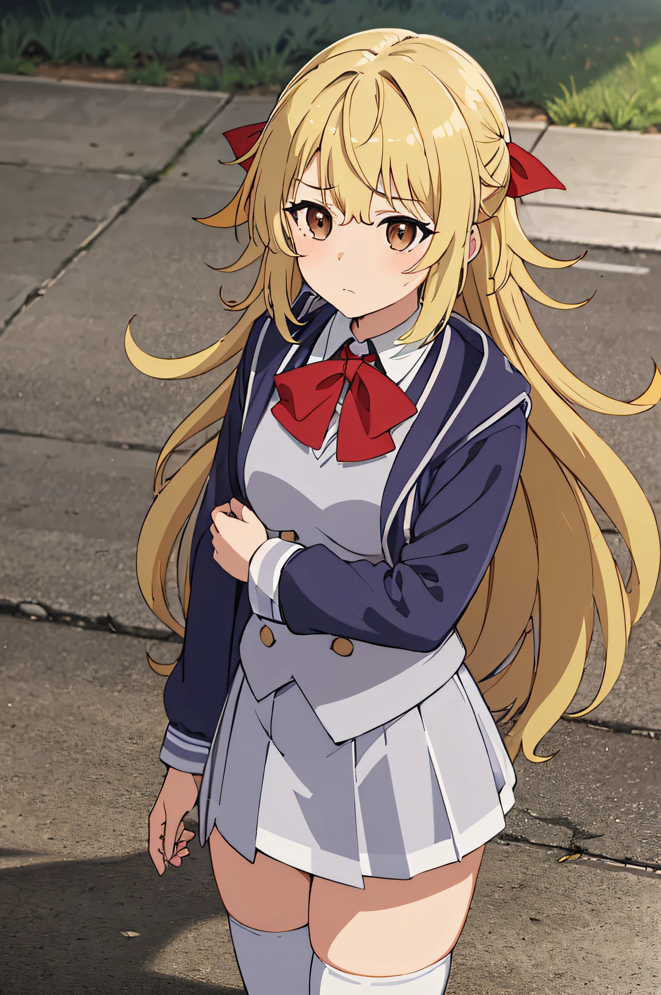 ((looking down on viewer,disdain,despect))masterpiece, best quality, 1girl, solo, cowboy shot, outdoor,, efa, blonde hair, messy hair, long hair, brown eyes, hair ribbon, school uniform, blue jacket, grey vest, long sleeves, red bowtie, miniskirt, white skirt, white thighhighs