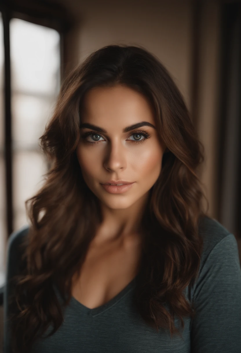 woman with sexy top, sexy brown eyes, portrait, brown hair and large eyes, selfie of a young woman, bedroom eyes, black top, without makeup, natural makeup, looking directly at the camera, face with, subtle makeup, stunning shot