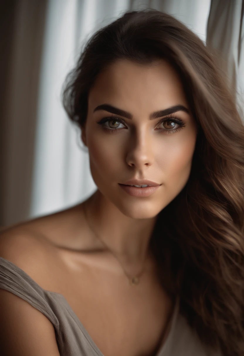 Arafed woman with a white tank top and necklace, fille sexy aux yeux verts, Portrait Sophie Mudd, cheveux bruns et grands yeux, selfie of a young woman, Yeux de chambre, Violet Myers, sans maquillage, maquillage naturel, looking straight at camera, Visage avec Artgram, Maquillage subtil, Superbe photo du corps entier, piercing green eyes, Bel angle, pose attrayante, fille mignonne, sexy pose, Image du corps entier, corps entier, Prise de vue du corps entier, brunette goddess, High detail, pose satisfaite, Pantalon en cuir