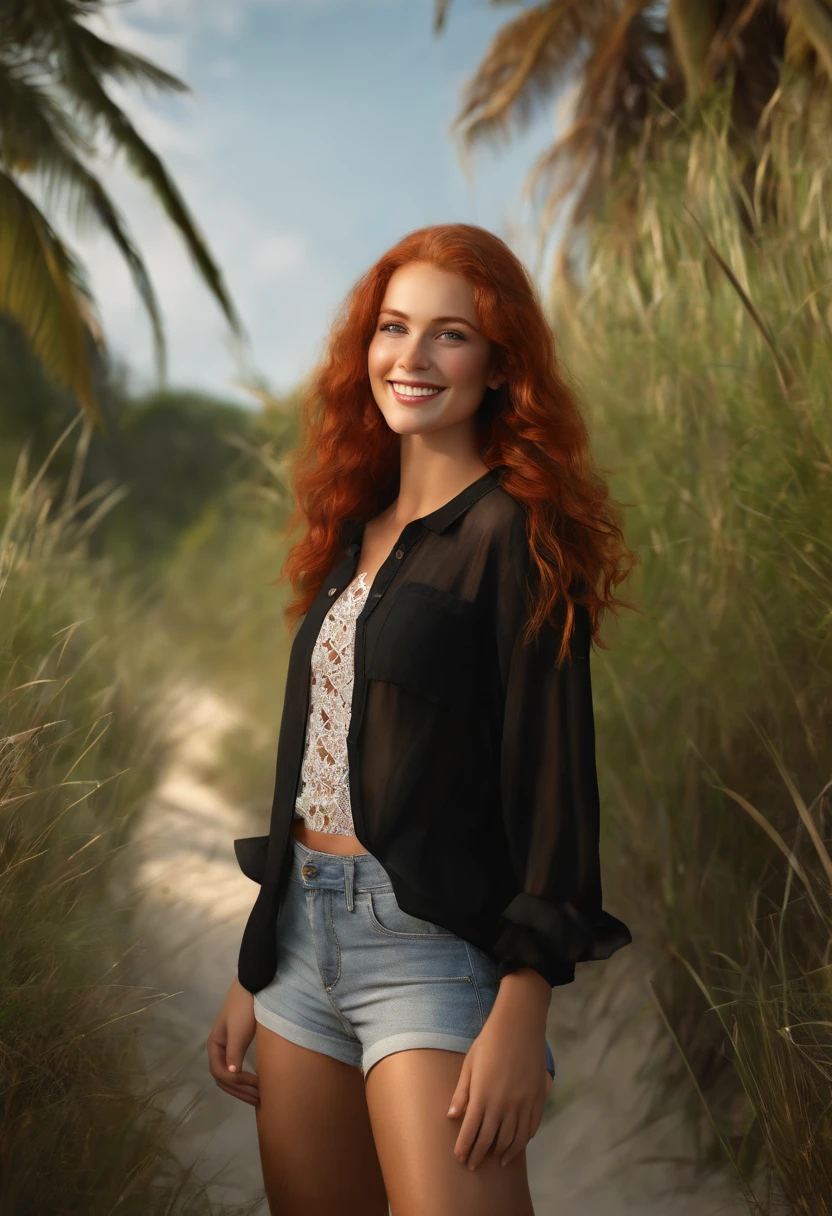 (high quality, ultra-detailed, photorealistic: 1.37), Outdoors, A beautiful girl on the beach, smiling, adorable smile, red hair, green eyes, dressed in black shorts and a see-through shirt, ,beach