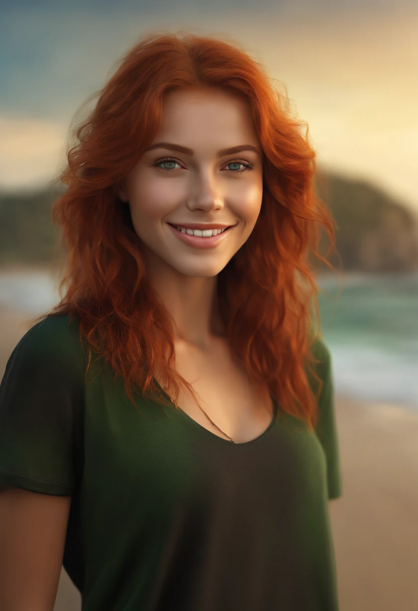 (high quality, ultra-detailed, photorealistic: 1.37), Outdoors, A beautiful girl on the beach, smiling, adorable smile, red hair, green eyes, dressed in black shorts and a see-through shirt, ,beach