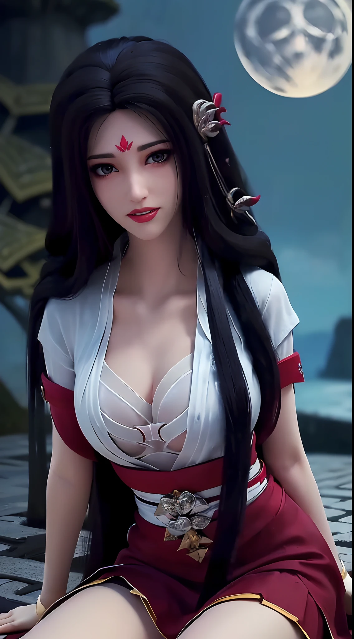 "1 beautiful girl, ((wearing red hanfu, white chest shirt:1.6)), low cut shirt, ((long black hair:1.8)), ((most beautiful and detailed hair jewelry:1.8)), sexy vintage style, Super cute little face Extremely beautiful face, thin eyebrows, the most beautiful and flawless face, ((black eye pupil:0.8)), very beautiful eyes, ((black yellow eyes:0.5)), hairy beautiful and detailed makeup eyelashes, high nose, earrings, thin lips, ((red lips:0.8)), ban on laughing, beautiful lips, slender arms, The most beautiful thighs, healthy limbs, rosy face, clean face, beautiful face without blemishes, smooth white skin, ((super tight and round breasts: 1.8)) cleavage, beautiful breasts, ((put the girl's arms behind her back:2)), (((upper body of a beautiful girl:0.8))), ((sitting position leaning back:1.7)), 8k photo, super high quality, super realistic, 10x super pixels, actual photo, dark studio, border light, two-tone lighting color, (high detail skin: 1.2), 8k ultra, soft light, high quality, volumetric light, Photo, high resolution, light, best photo, 4k quality, 8k, bokeh, Smooth and sharp, 10x pixelated, ((The yard at night and the moonlight shining down on the yard background:1.8)), aurora, lightning, super graphics, most realistic graphics, 1 girl, alone, solo, Extremely sharp, surreal image, (((frontal portrait:1.6)))