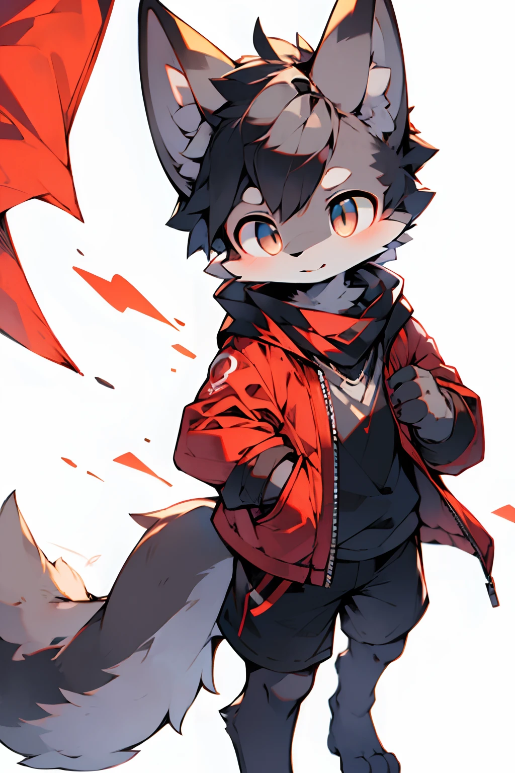 london,England, Twentieth century,gray wolf,Female,slender figures,Long thick black hair,There are two small braids,Run,Light gray,Black shorts,Red coat,Black shirt,dark gray eyes,Put your hands in your shirt pocket,Wearing a red scarf,Handsome(A masterpiece)(high qulity)(Clear structure)(Clear lines)(Background of extreme detail)(extremelydetailedcharacter)