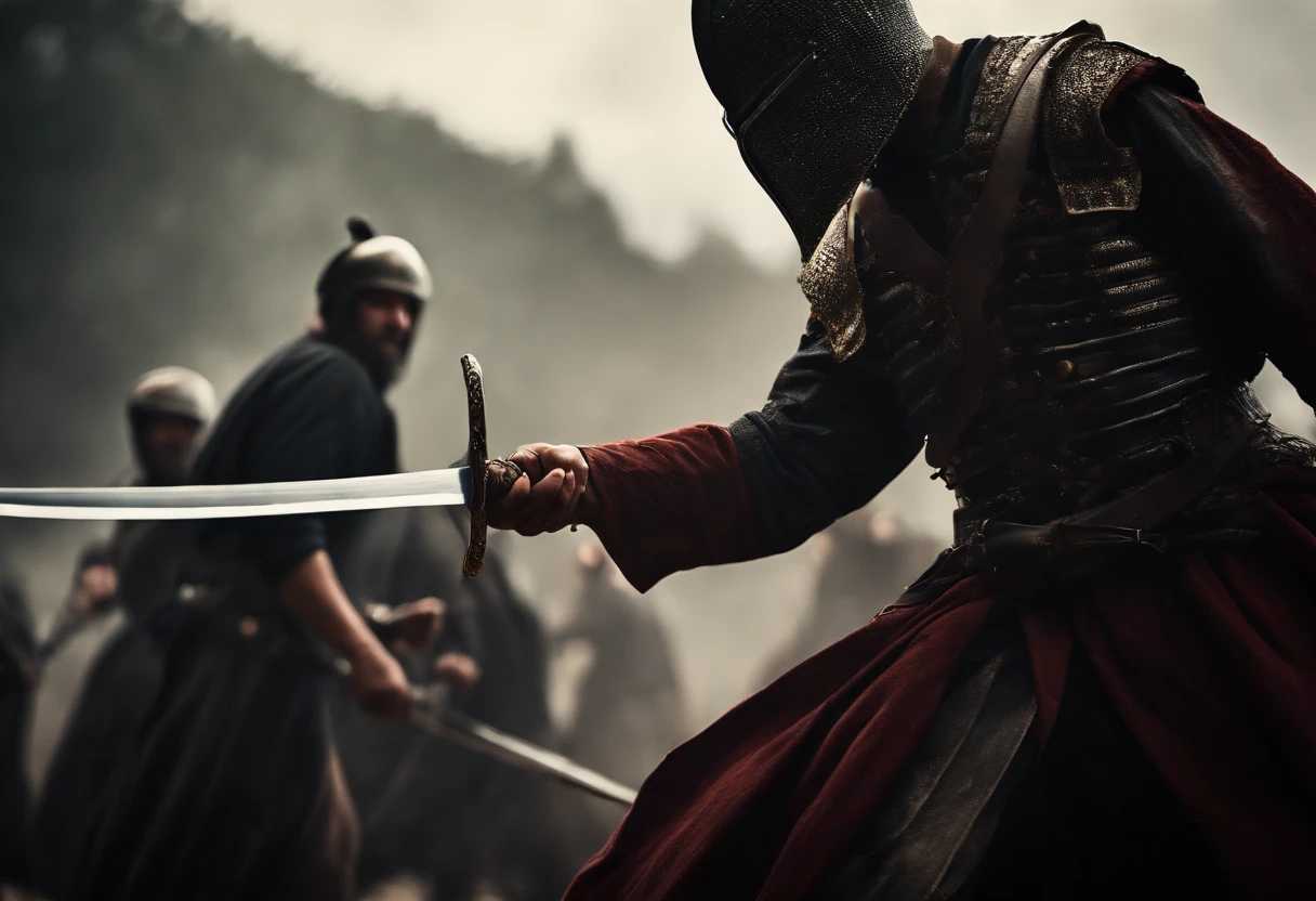 (incoming_attack:1.7),(battle scene:1.7),(slashing by holding sword:1.7)