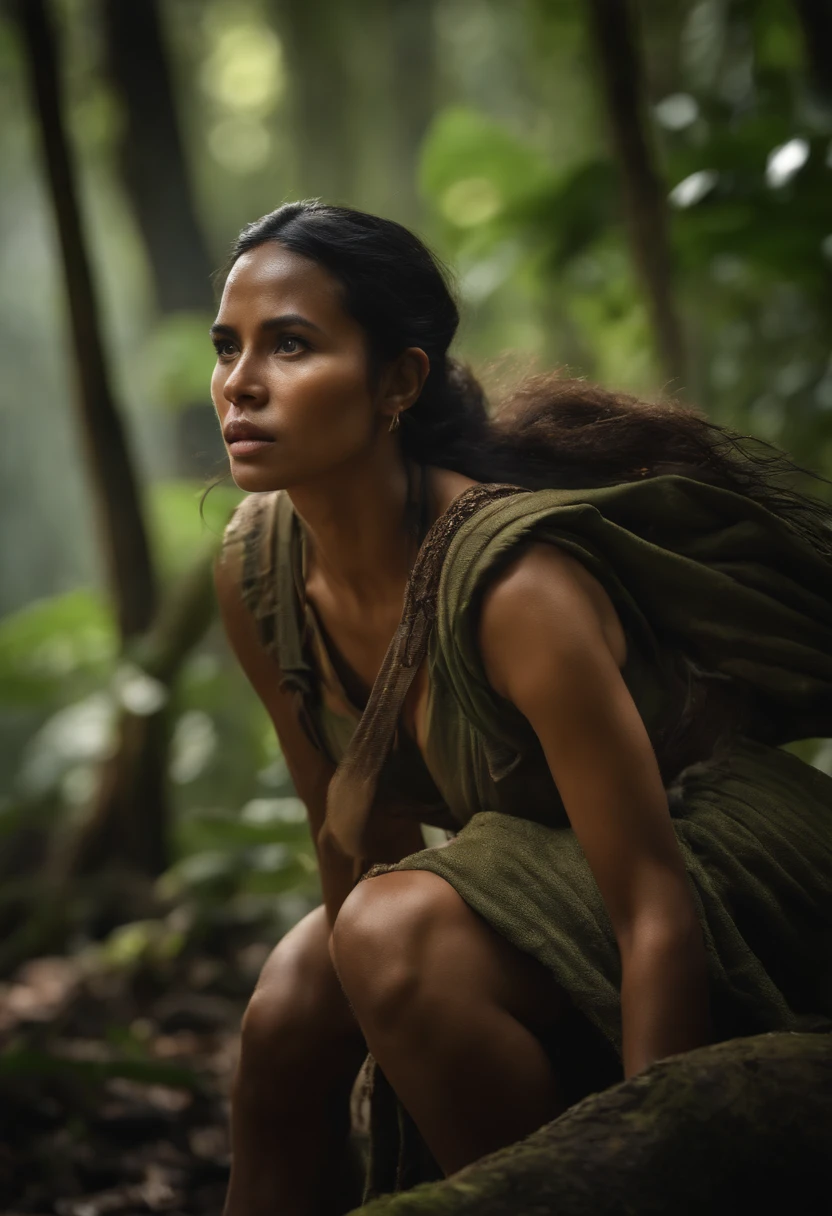 Potrat of Teresa Maguana, Philippines forest, people fighting a war in background, (best quality,4k,8k,highres,masterpiece:1.2),ultra-detailed,(realistic,photorealistic,photo-realistic:1.37),illustration,natural lighting,beautiful detailed eyes,beautiful detailed lips,extremely detailed face,long eyelashes,dense foliage,tall majestic trees,moss-covered rocks,misty atmosphere,dappled sunlight,warrior's pose,vibrant colors,wispy smoke,emotive expressions,muddy terrain,subtle shadows,dynamic composition