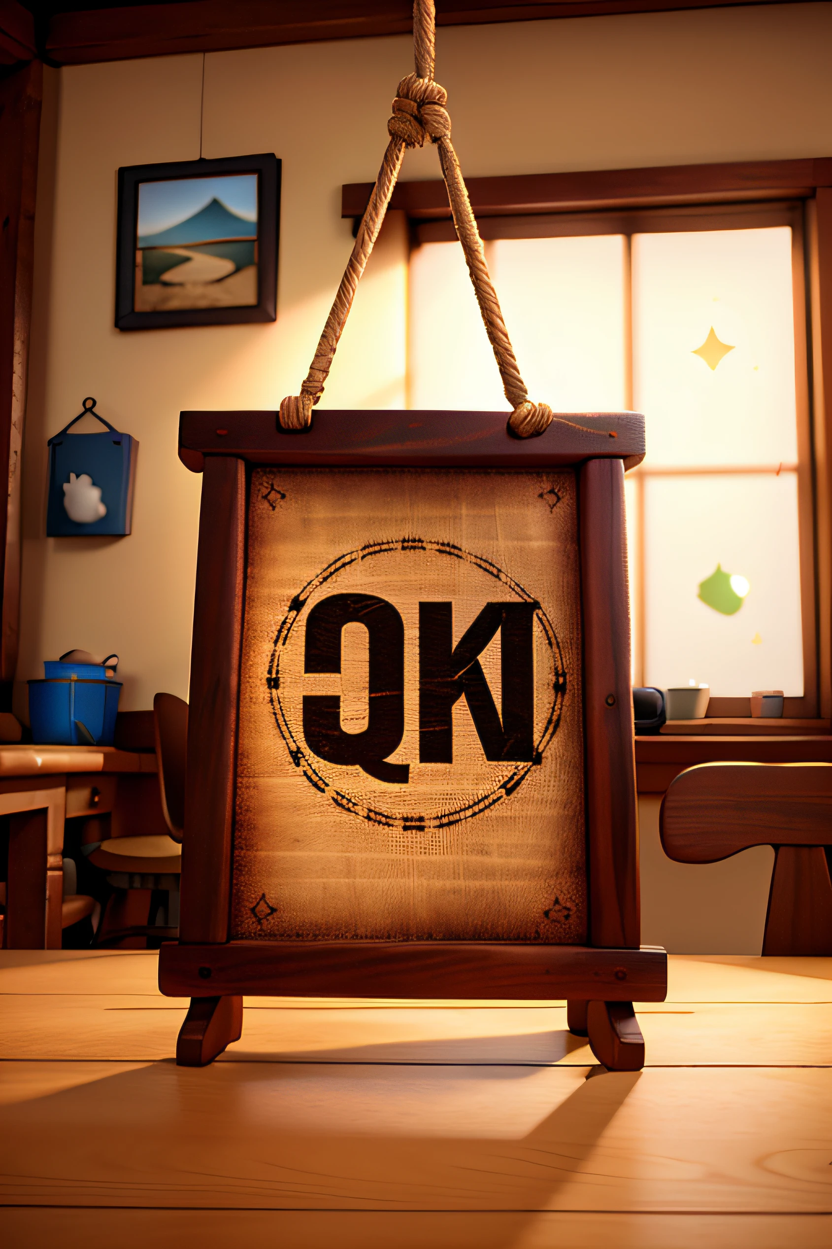 a wooden sign hanging by rope pixar style:1.2. The image is of better quality, in 8k resolution, with a white background. The lighting is cinematic, creating a beautiful bokeh effect. The focus is very sharp, capturing the intricate details. The overall image has a claymation-like quality, adding depth and texture to the scene.