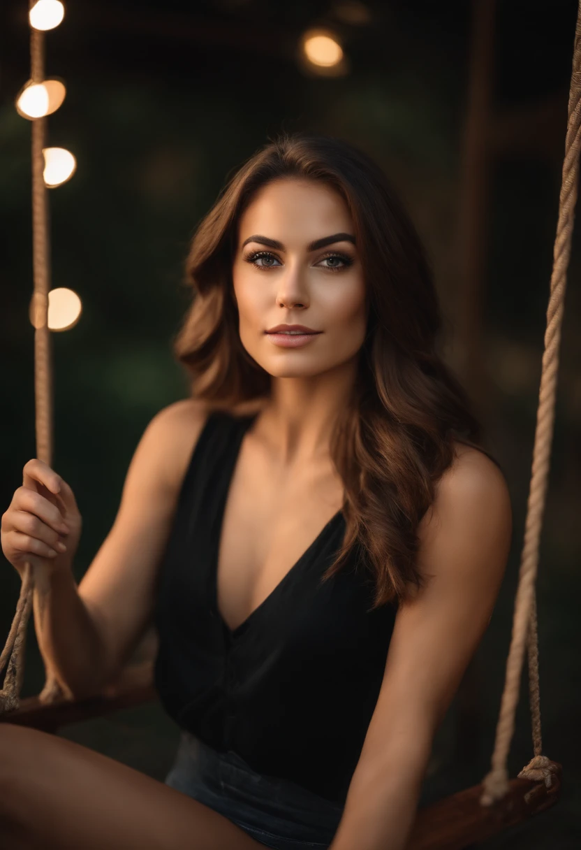 woman with sexy top, sexy brown eyes, sitting on a swing, brown hair and large eyes, selfie of a young woman, bedroom eyes, black sexy top, without makeup, natural makeup, looking directly at the camera, face with, subtle makeup, stunning shot