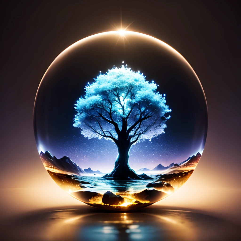 Tree of life in a crystal orb floating over a lake.