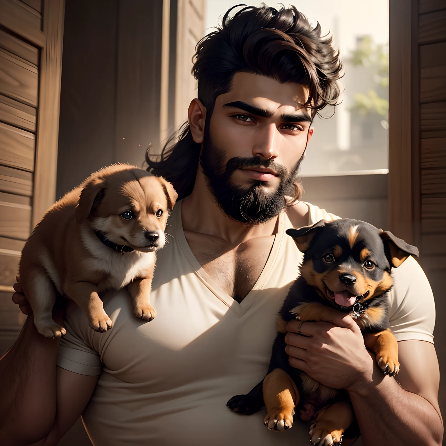 handsome 25 year old,beard,attitude, Indian young man holding a small brown puppy, daytime, joy, cinematic lighting, realistic image, 1080p