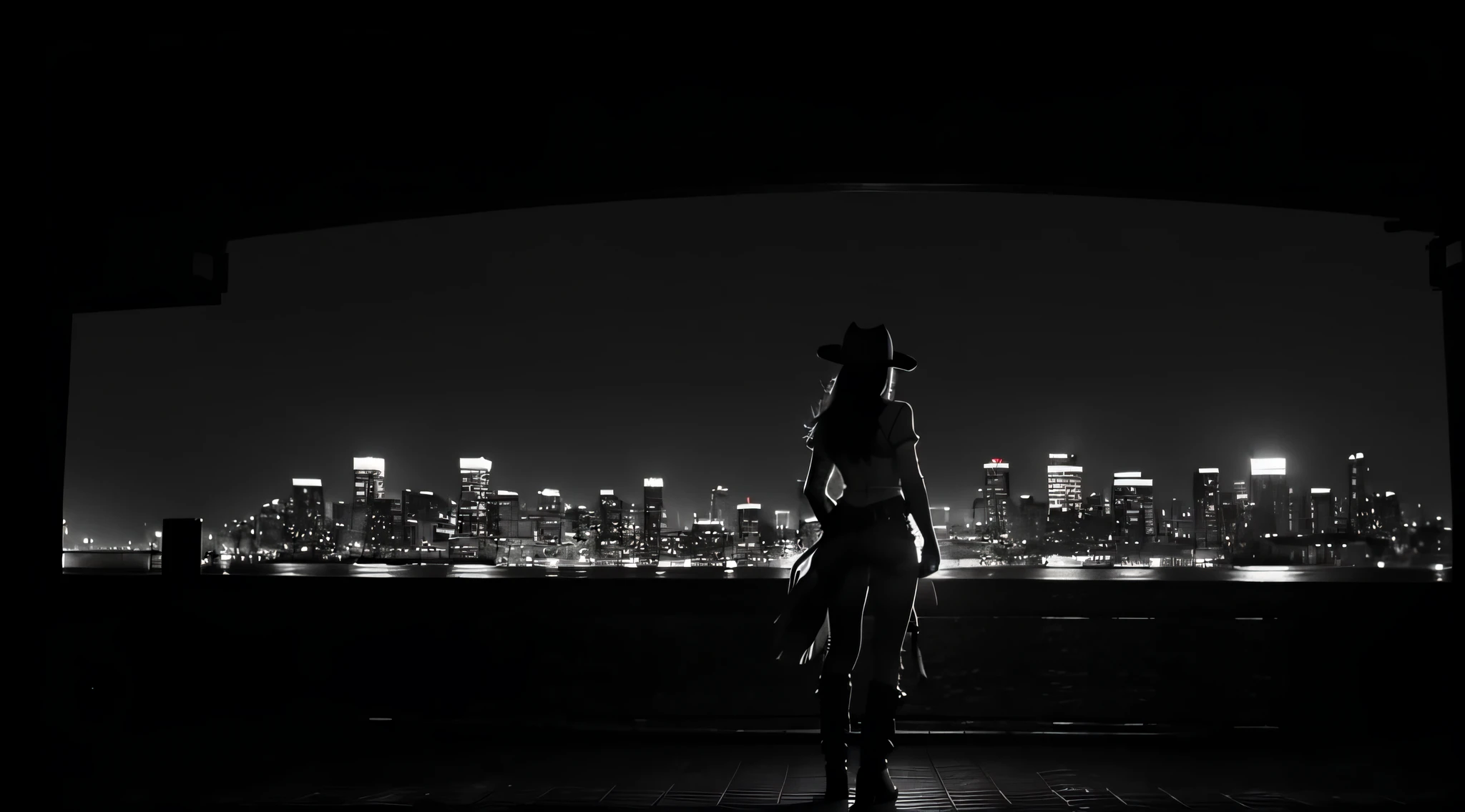 silhouette of cowgirl woman, full body, from behind, dramatic lights, black and white, realistic photography, cowgirl outfit, city background