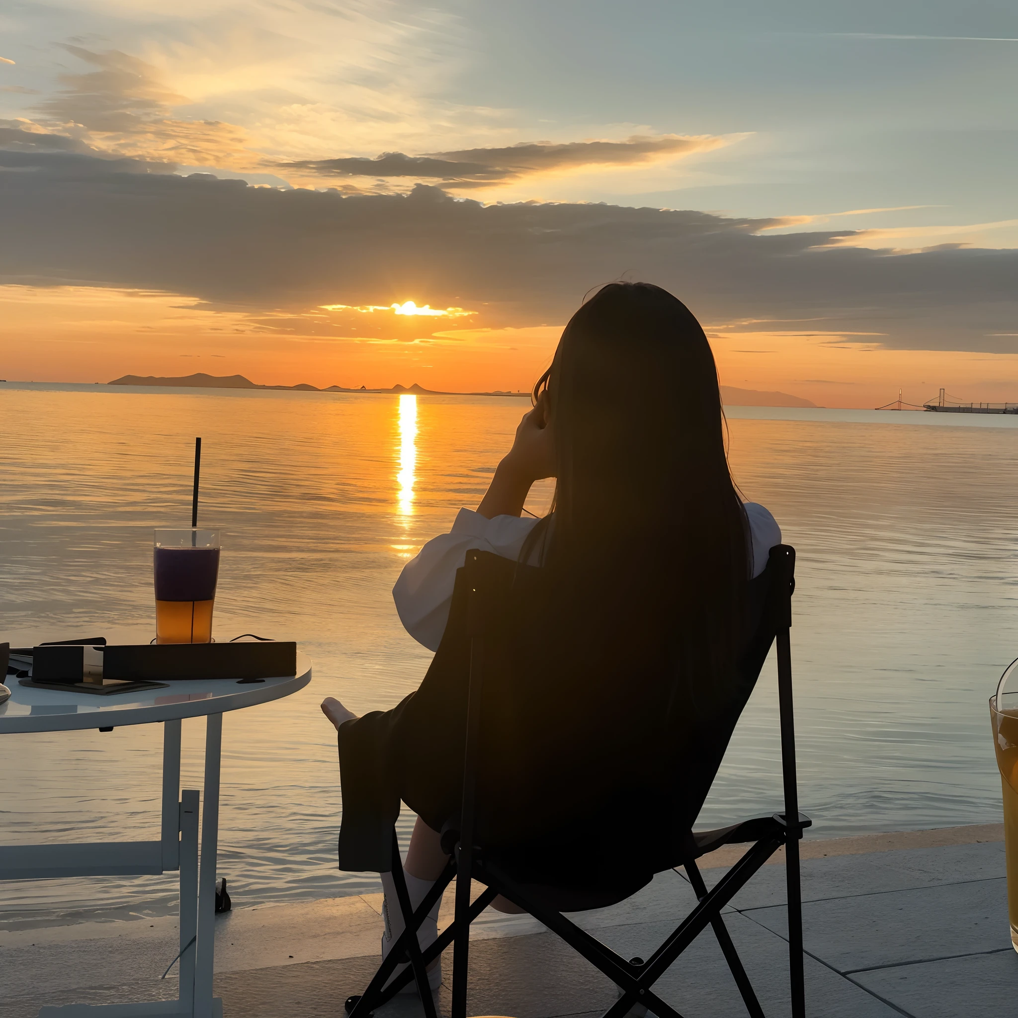 Arapei sat in a chair at the table and drank drinks and drinks, With sunset, with a sunset, girl watching sunset, watching the sunset, at a beautiful sunset, looking out at a sunset, sentado em frente a um lago, at the sunset, watching the sunset. anime big breast, late sunset, Relax on the beach at sunset, sunsettime