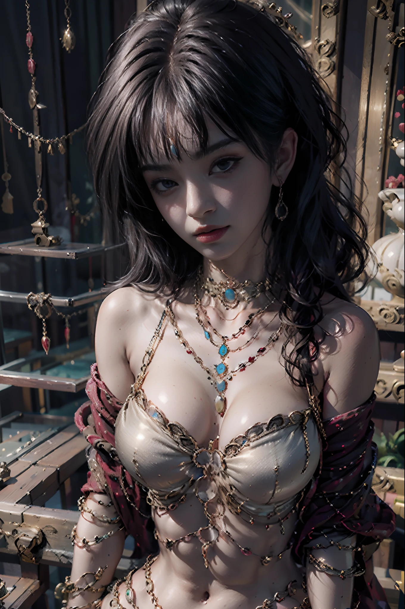 igirl,Upper body,necklace,jewelry,Chest chain,cropped shoulders,Chain-covered chest,Body chain,Pedras preciosas,, Best quality,Masterpiece,(photograph realistic),