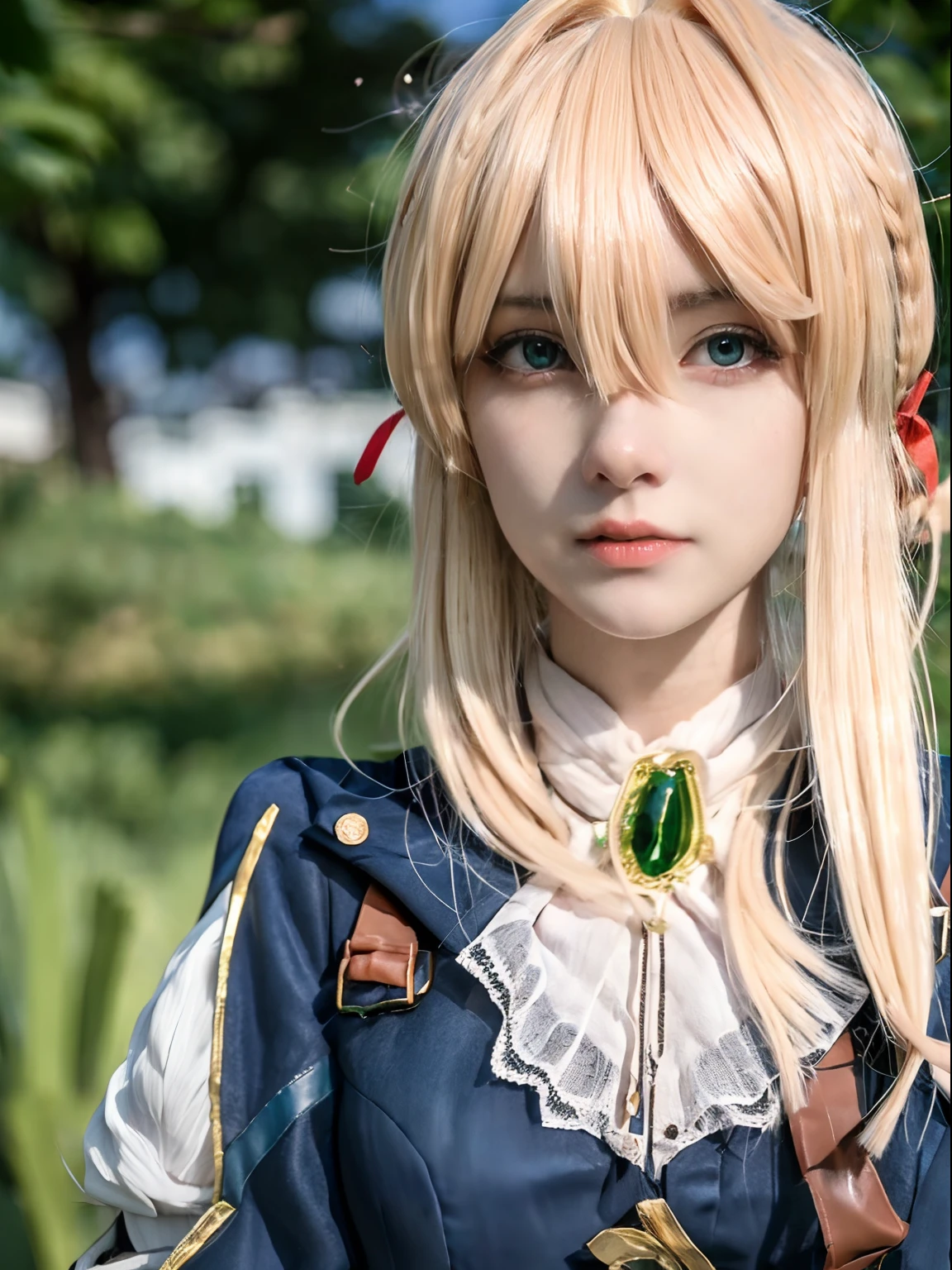 violet_evergarden, blue_eyes, best quality, ultra high res, (photorealistic1.4), 1girl, (blonde long hair:1.3), expressionless, long dress, hair braid, red ribbon, green gem neklace, ((puffy eyes)), ((upper body)), (((looking at viewer))), ((closeup)),