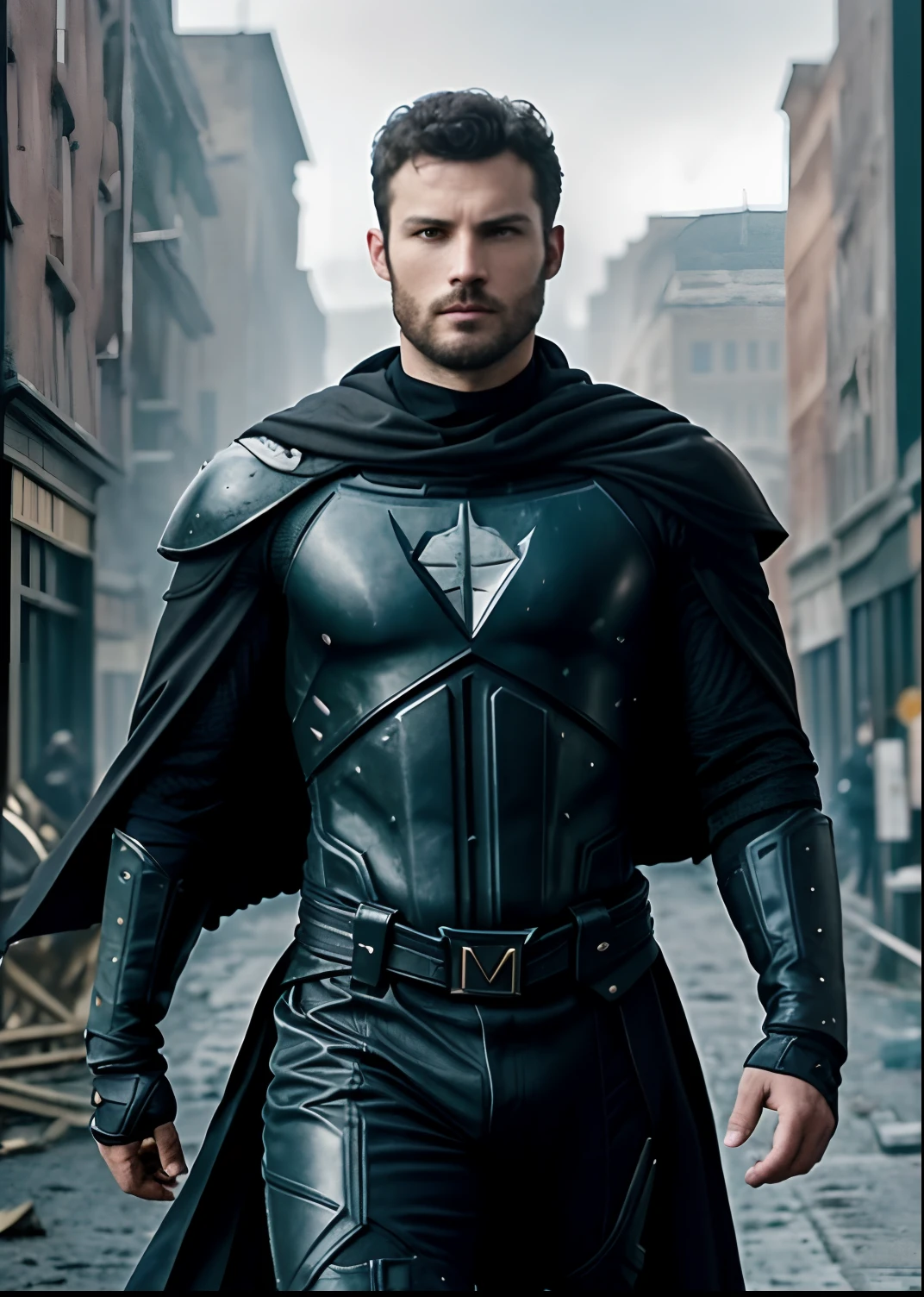 arafed man in a black leather outfit walking down a street, dressed in black body armour, superhero from the boys tv show, ryan renolds as batman, from movie batman, karl urban as a dragonslayer, gotham, ryan reynolds as batman, the batman, textless, wearing black clothes and cape, gotham city style, in batman, wearing heavy armor with cape, guanti quantici, cyber point, visiera minimal tecnologica