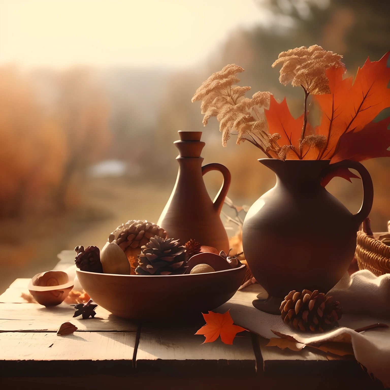 Autumn still life on a wooden table, Against the backdrop of an autumn landscape, Beautiful, Aesthetically pleasing, soft light, minimalistic style