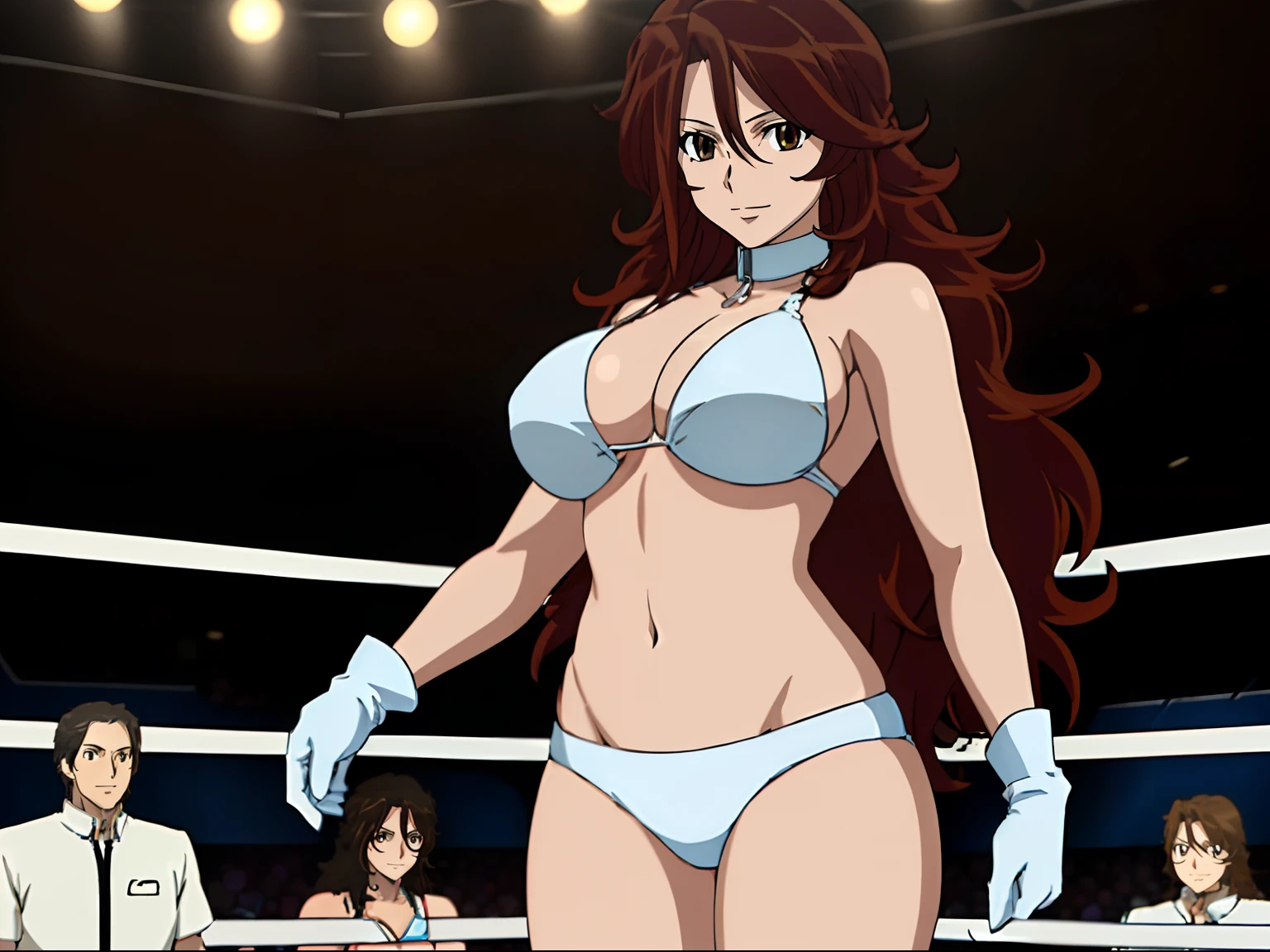realistic, nice body, , anime style: 1.8, anime drawing, ultra detailed face, ultra detailed body, , 4k, Sumergai Lee Noriega, (standing), best quality, anime style, hires, highest definition, digital blending, bold drawing lines, ((slim waist, female wrestler), (location: wrestling arena, crowds watching), ( slim body, athletic , little biceps, thighs, off-shoulders, (curvy: 6.8), lighting, spot lights, very shiny skin), ((white bikini, shorts, groin, , white gloves, collar, belt)), victorious, winner, , (very big round breasts, smile), (big eyes, brown eyes), (clapping), (brown hair, loose hair, curly hair, wavy hair, long hair, missy hair), 27 years old, (leaning)