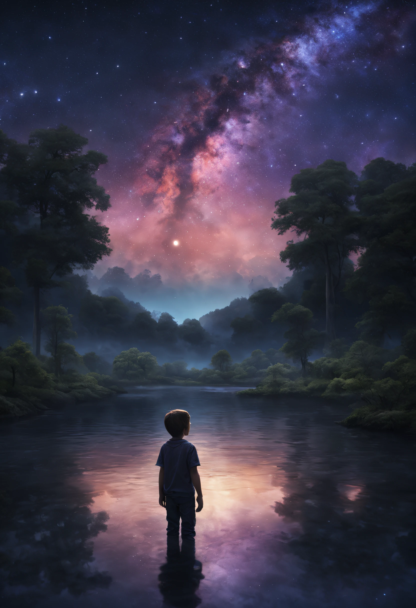 wide field of view, (a boy stands on the reflected water), Looking up at the starry sky, deixando apenas um de costas para o espectador: 1.2)), An ethereal and fascinating journey into the depths of the galaxy, showcasing the magnificent beauty of the universe through ultra-detailed, high-quality CG art. Celestial bodies and stars float harmoniously to form the Milky Way. The shades are purple and blue. The volumetric lighting brings an unearthly glow to the surroundings and enhances the magical atmosphere. Noite Tranquila, 8k,