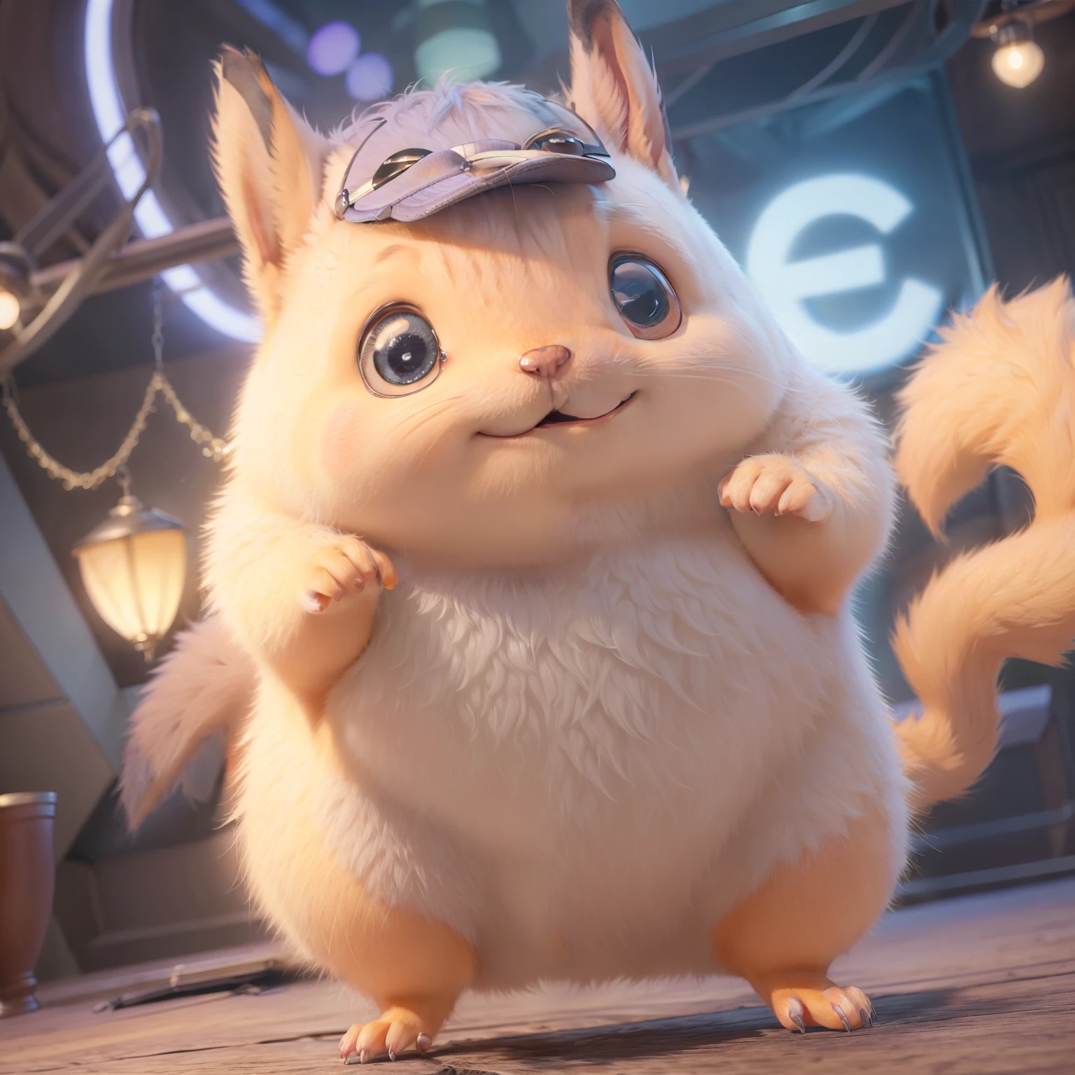 I'm smiling and dropping my hand、Pixar-inspired fat squirrel、Awesome cutest、Light purple and white hairs、The fur is very fluffy、Light blue eyes