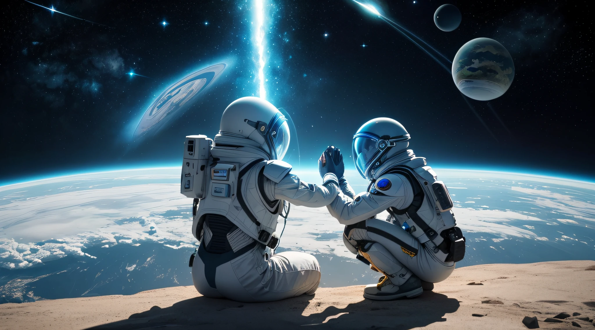 "Create artistic interpretations of friendly interactions between humans and aliens. Visualize scenes of cultural exchange, scientific collaboration, and mutual understanding, capturing the essence of intergalactic harmony. Highlight moments of friendship, cooperation, and unity between Earthlings and extraterrestrial beings, fostering a sense of connection and shared purpose in the vastness of space."