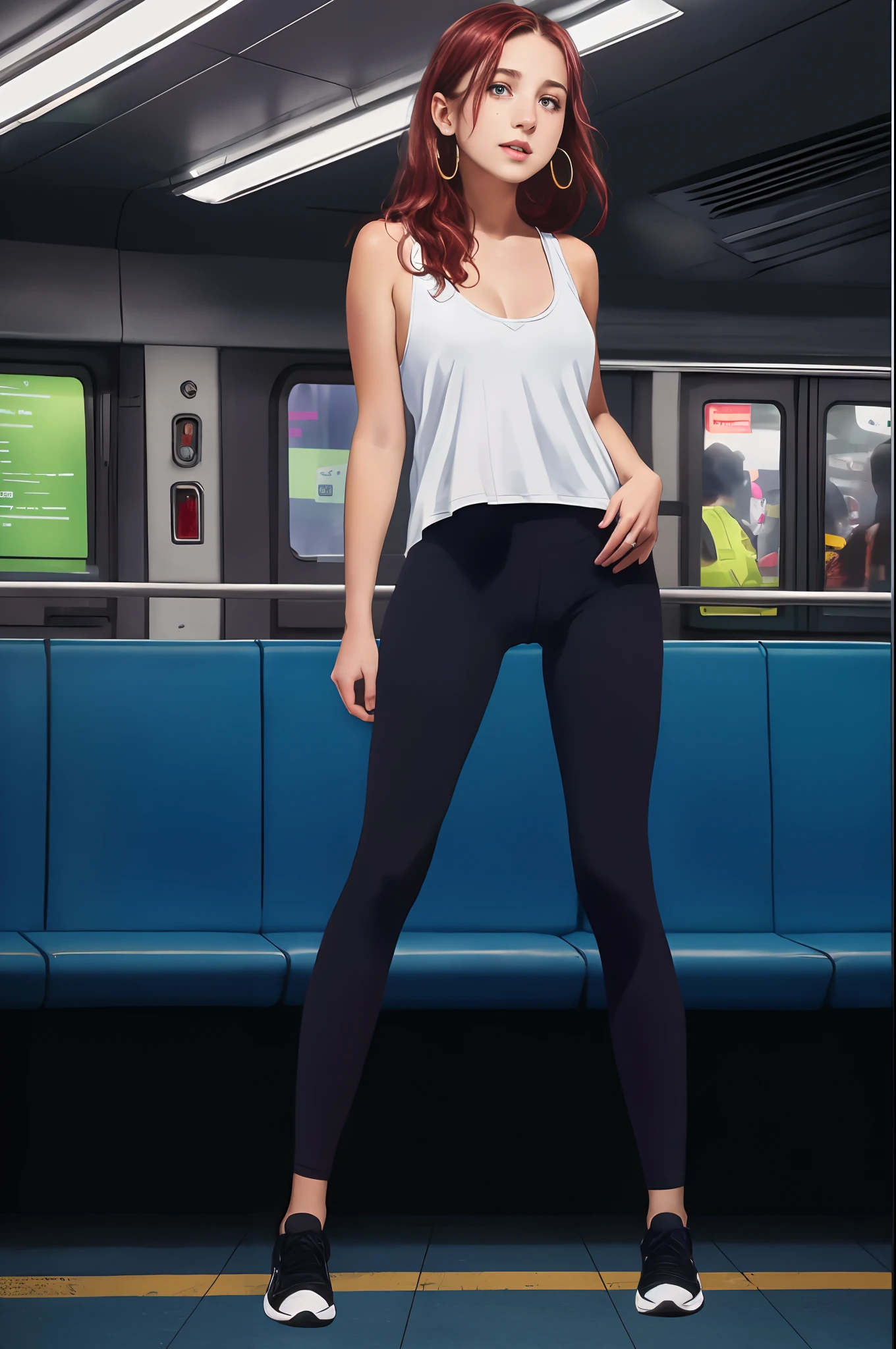 ((Croatian pre-teen)), beautiful girl, freckles on her face, light blue eyes, large earrings, white tank top, square neckline, black leggings, no panties, realistic vagina, full body, shot from below, very light skin , very long hair, wavy hair, red hair, busy subway car, photorealistic, indirect lighting, volumetric light, ray tracing, hyper-detailed, best quality, ultra-high resolution, HDR, 8k