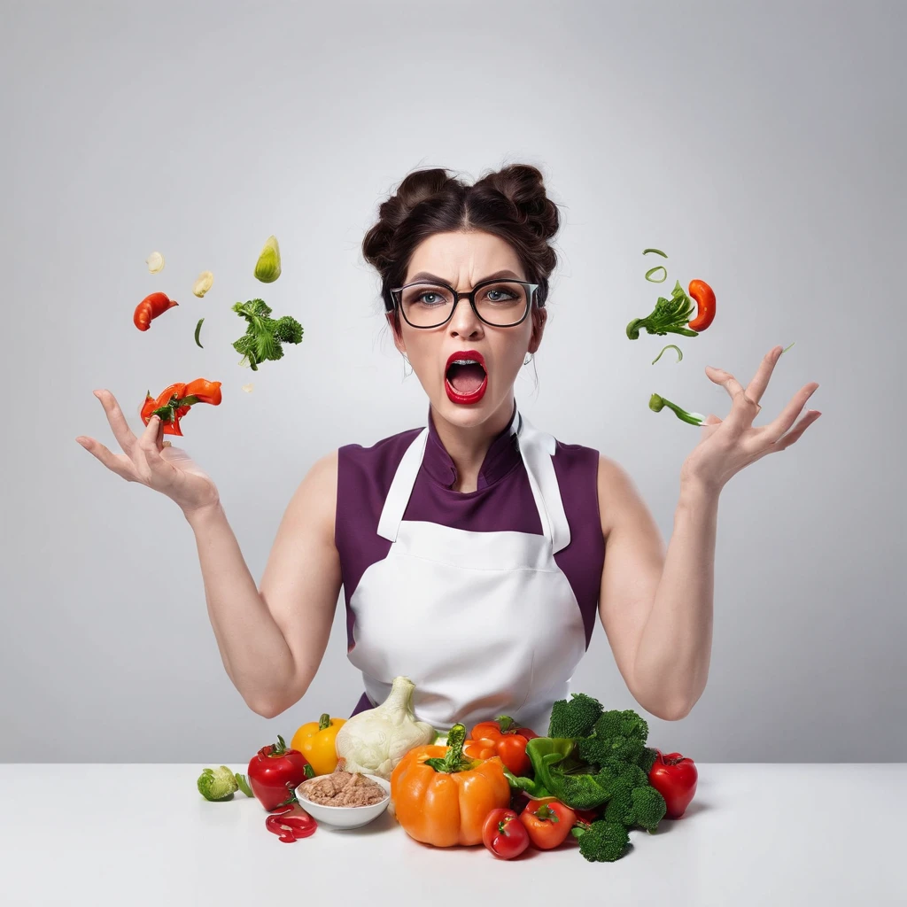 screaming angry cook, dark hair woman in thick framed glasses, flying pots and food parts, colorful vegetables, editorial photosession, masterpiece, good anatomy, hyper realistic