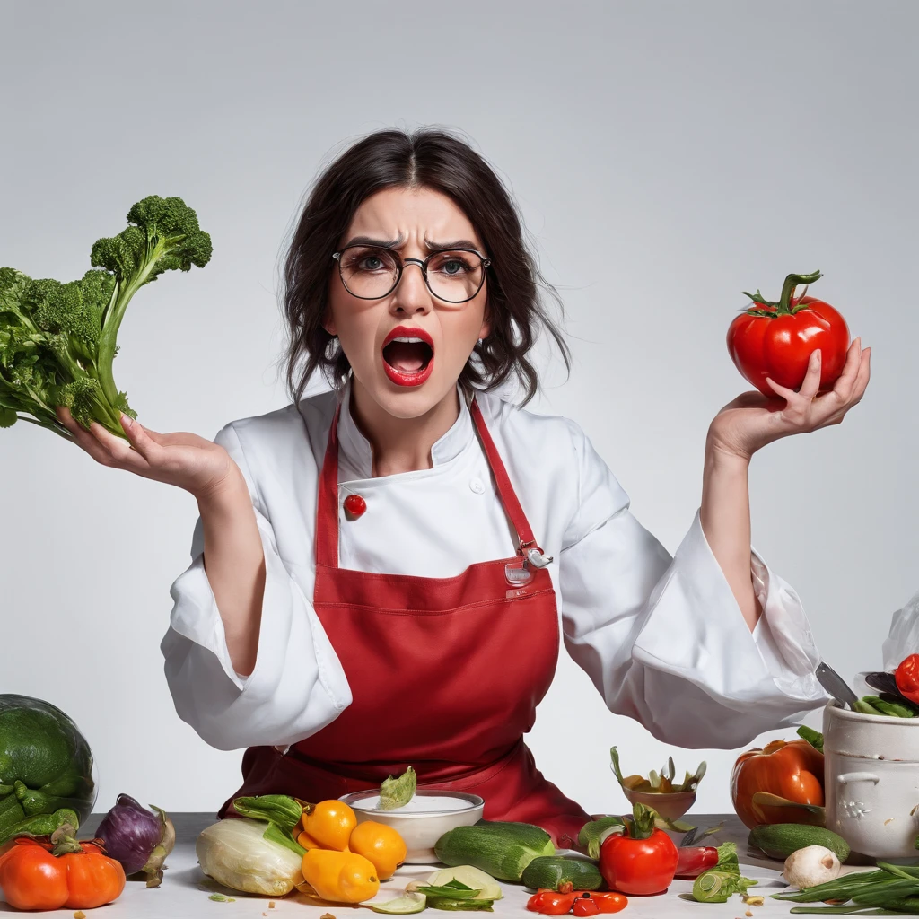 screaming angry cook, dark hair woman in thick framed glasses, flying pots and food parts, colorful vegetables, editorial photosession, masterpiece, good anatomy, hyper realistic