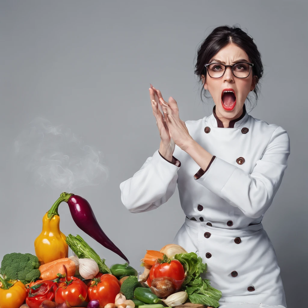 screaming angry cook, dark hair woman in thick framed glasses, flying pots and food parts, colorful vegetables, editorial photosession, masterpiece, good anatomy, hyper realistic