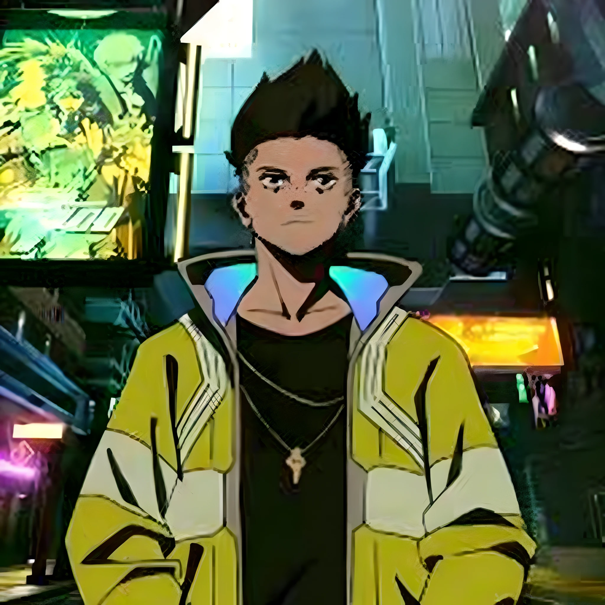 (high quality,8K,ultra-detailed,photorealistic:1.37),cyberpunk style,neon lights,long streets,high-tech cityscape,futuristic buildings,dense fog,hovering vehicles,glowing advertisements,multi-level highways,reflective surfaces,shiny metallic textures,wires and cables sprawling across the city,rain-soaked streets,street vendors selling augmented reality gadgets,gang members with augmented limbs,people wearing futuristic fashion,androids blending in with humans,holographic displays,VR gaming arcades,nightclubs with pulsating music,high-rise apartments with rooftop gardens,imposing corporate headquarters with glass facades,nighttime skyline with vibrant colors,blurred motion effects,electric blue color scheme,dramatic shadows,cooler color temperature,emphasized contrast,dynamic composition,futuristic props and accessories.