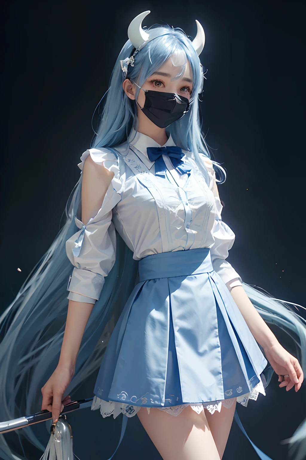 (detailedskin)、(masterpiece:1.4)、(top-quality:1.4)、超A high resolution、1girl in、独奏、ighly detailed、8K、Beautiful fece、A detailed eye、Look at viewers、strong dark colors、(depth of fields)、(Dynamic)、(epic poem)、foco nítido、(intricate detailes:1.2)、fulcolor、lightblue hair、length hair、Brown eyes、White lace shirt、Pale light blue miniskirt、(White horn)、long legged、Cloak of dark blue color、Blue bow tie on chest、(Pink mask)