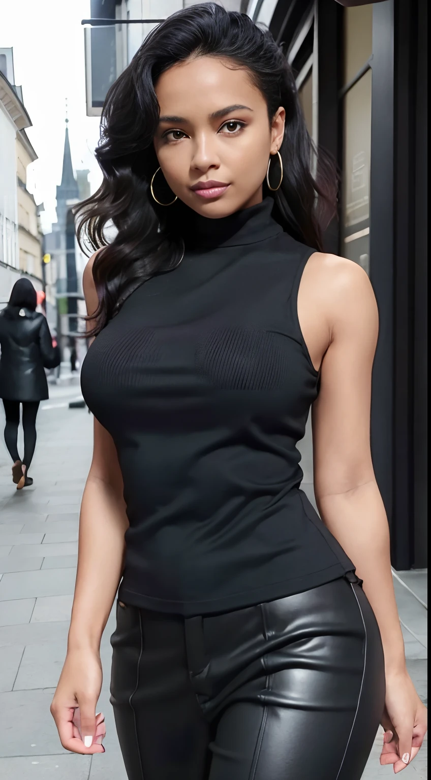 (Masterpiece, Best quality),Black, beautiful woman, Detailed top with sleeveless turtleneck, pantalon, collier, wavy hair, visage parfait, beau visage, Attirant, De grands yeux magnifiques, ouvrir bouche, content, Corps slim fit parfait, (outdoor), Rues de la ville, New York, couleurs vives