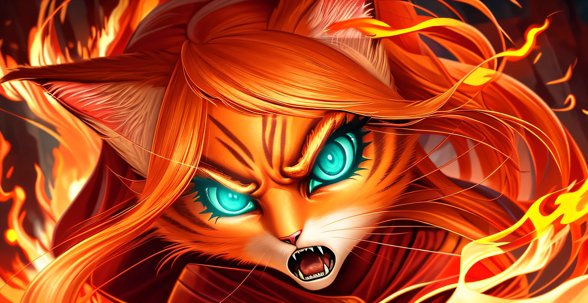 high quality digital illustration, close up portrait, perfect portrait, cinematic composition, fantasy style art, a pretty and heroic young anthropomorphic female cat, orange fur, orange hair, orange color, orange face, long eyelashes, big eyelashes, pretty eyes, teal eyes, faintly glowing teal eyes, protagonist, a female orange haired and teal-eyed cat warrior, red warrior dress, righteous anger, angry look, heroic look, open mouth, showing teeth, sharp fangs, determined look, fire, swirling fire, fire in the air, dramatic lighting, 4k, stunning visuals