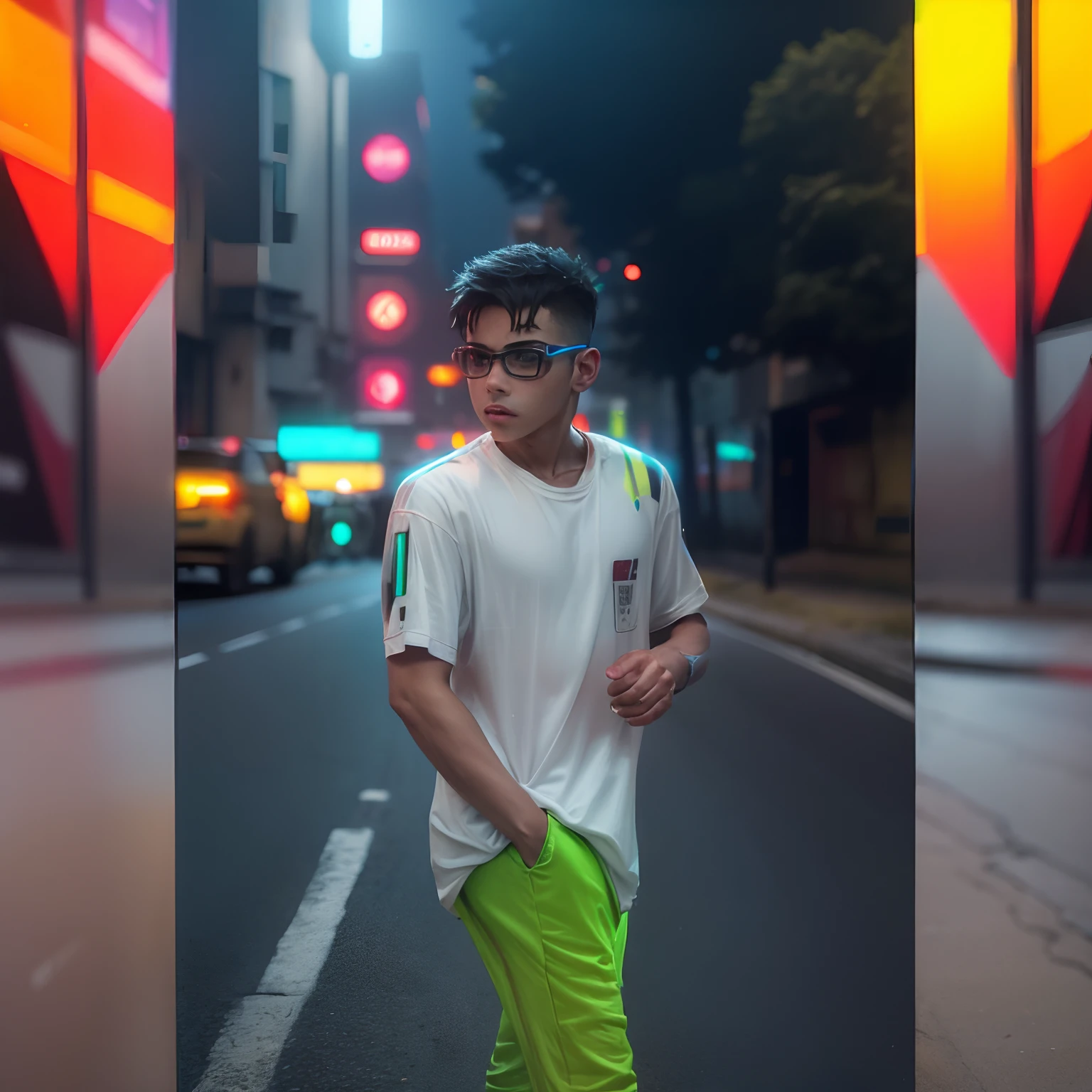 a boy in a road, ultra realistic, cyberpunk, neon, background