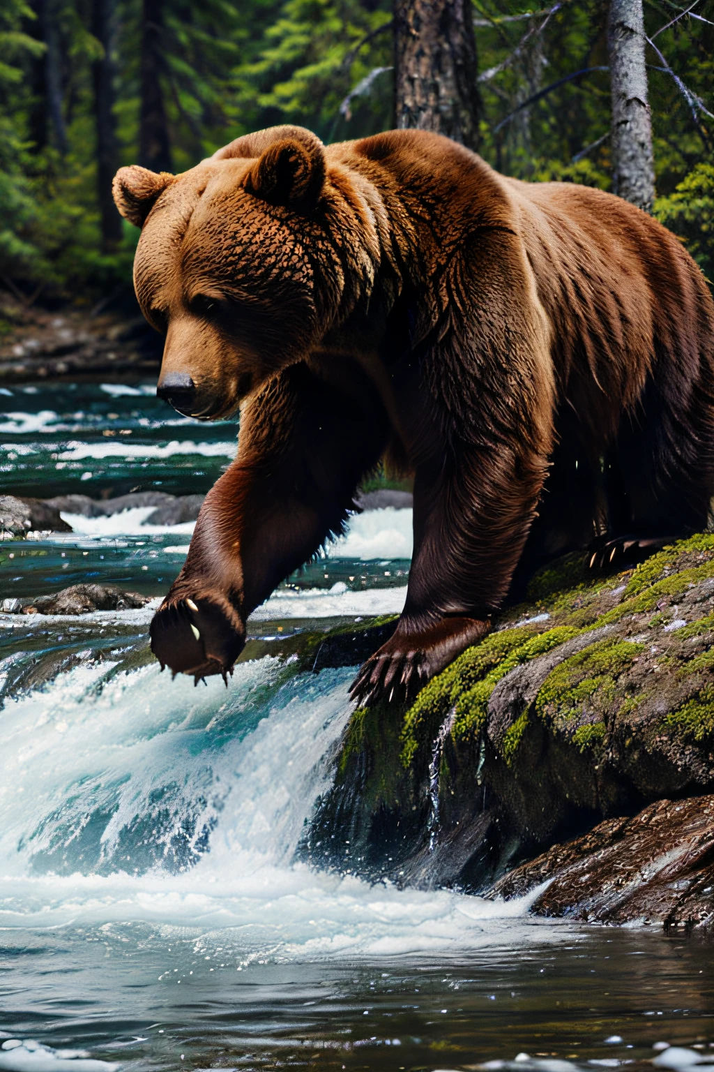 Brown bear in the taiga near the lake, hyperrealistic picture, natural lightin