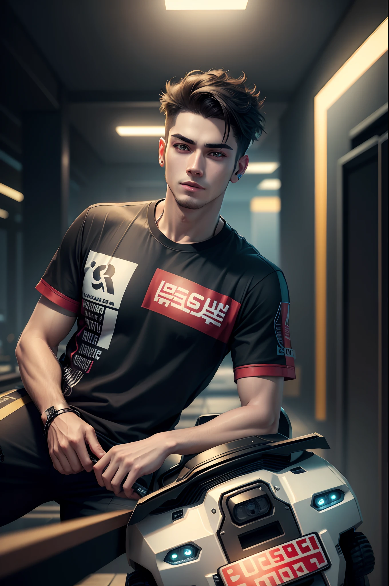 Cyberpunk, change background, handsome ( boy1 ) real face & realistic, don't change t shirt, tranding, row image ( 4k details), ultra HD quality picture