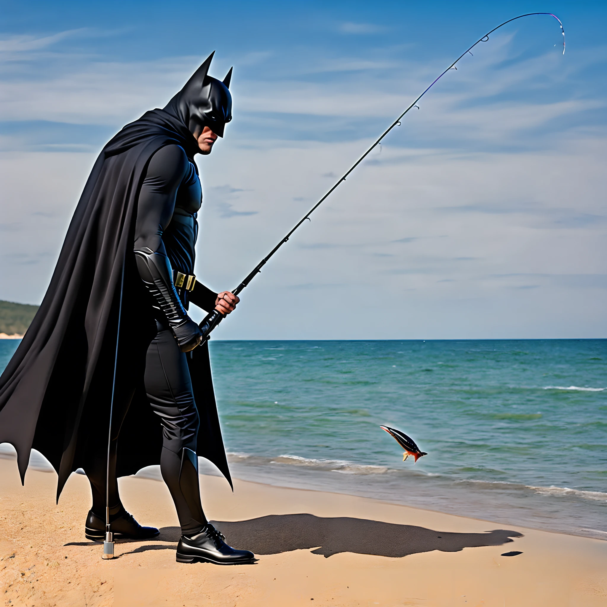 Batman in a black suit and black cloak on the shore of the oeka catches fish with a fishing rod