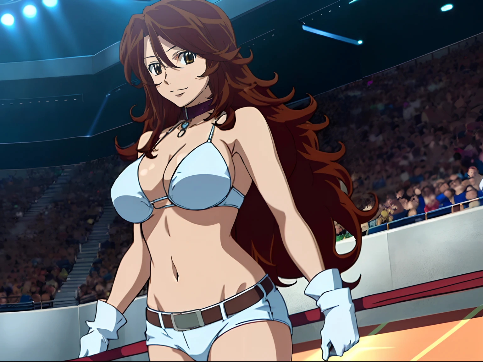 realistic, nice body, , anime style: 1.8, anime drawing, ultra detailed face, ultra detailed body, , 4k, Sumergai Lee Noriega, (standing), best quality, anime style, hires, highest definition, digital blending, bold drawing lines, ((slim waist, female wrestler), (location: wrestling arena, crowds watching), ( slim body, athletic , little biceps, thighs, off-shoulders, (curvy: 6.8), lighting, spot lights, very shiny skin), ((white bikini, shorts, groin, , white gloves, collar, belt)), victorious, winner, , (very big round breasts, smile), (big eyes, brown eyes), (clapping), (brown hair, loose hair, curly hair, wavy hair, long hair, missy hair), 27 years old, (leaning)