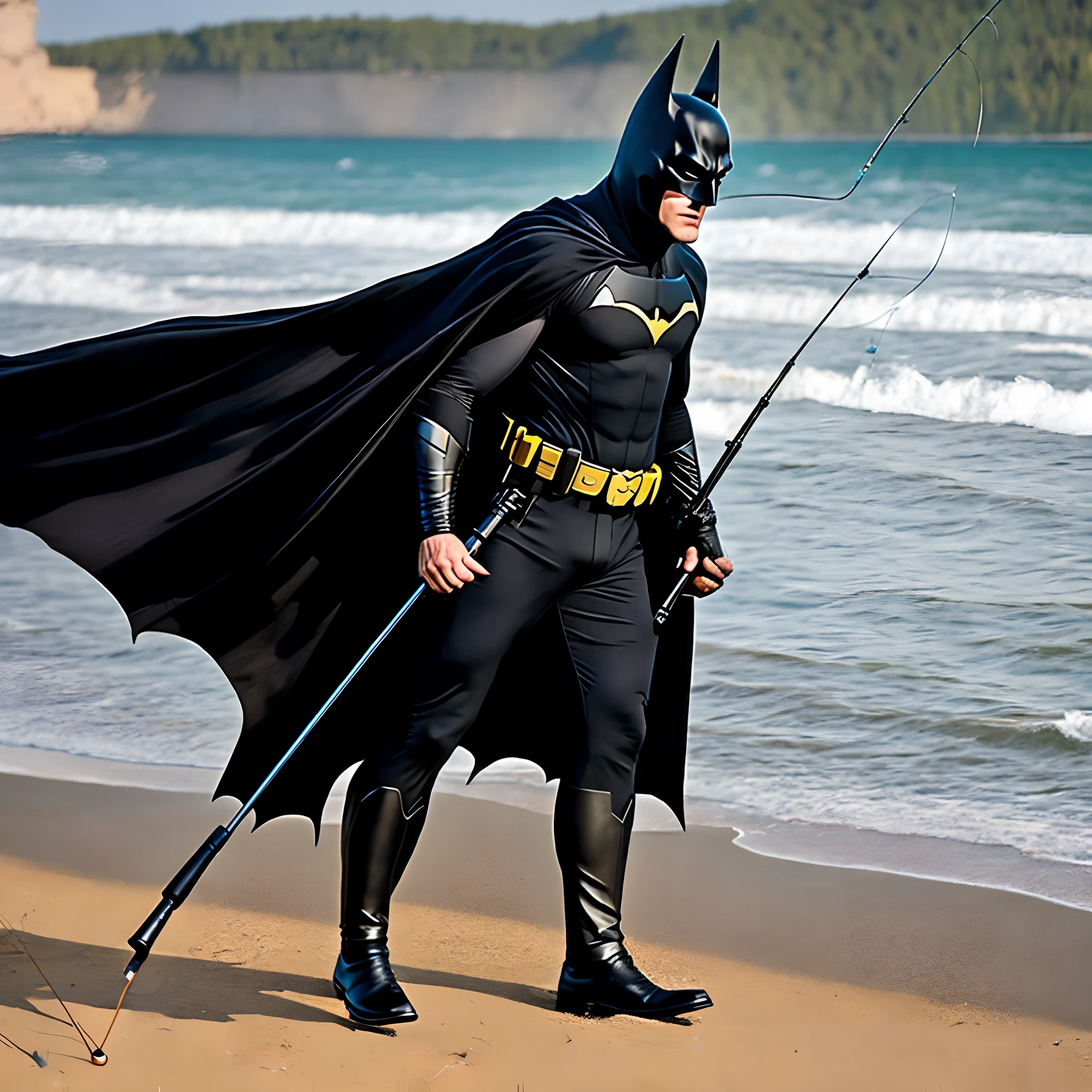 Batman in a black suit and black cloak on the shore of the oeka catches fish with a fishing rod
