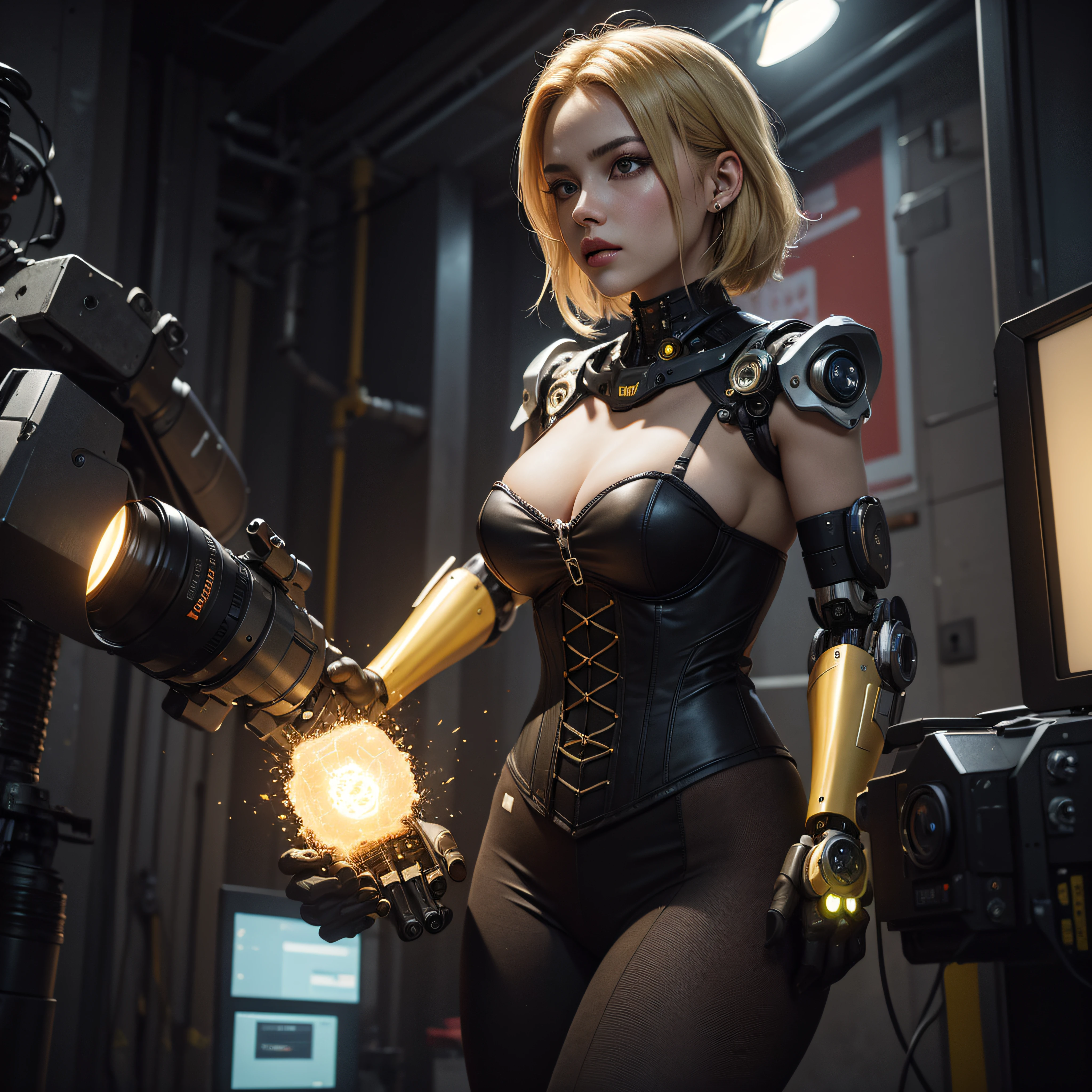 ((calidad superior)), ((obra maestra)), ((realista)), (Los detalles), (fotorrealista:1.5), Science-Fiction, HDR, Trazado de rayos, NVIDIA RTX, Los ultra-Highres, Irreal 5, Sub-Surface Scatterring, PBR texturizado, Post-procesamiento, Anisotropic filtering, Profundidad de campos, maximum sharpness and sharpness, Regla de los tercios、8K RAW、(Luminescent Particles:1.4)、(super-detailed CG、Unidad 8k Fondos de pantalla、lighting like a movie、destello de lente、foco nítido. Blonde girl with yellow corset, Robotic Parts, Cannon fire, guerra urbana, Armas, pistola, Arte cyberpunk、arquitectura cyberpunk