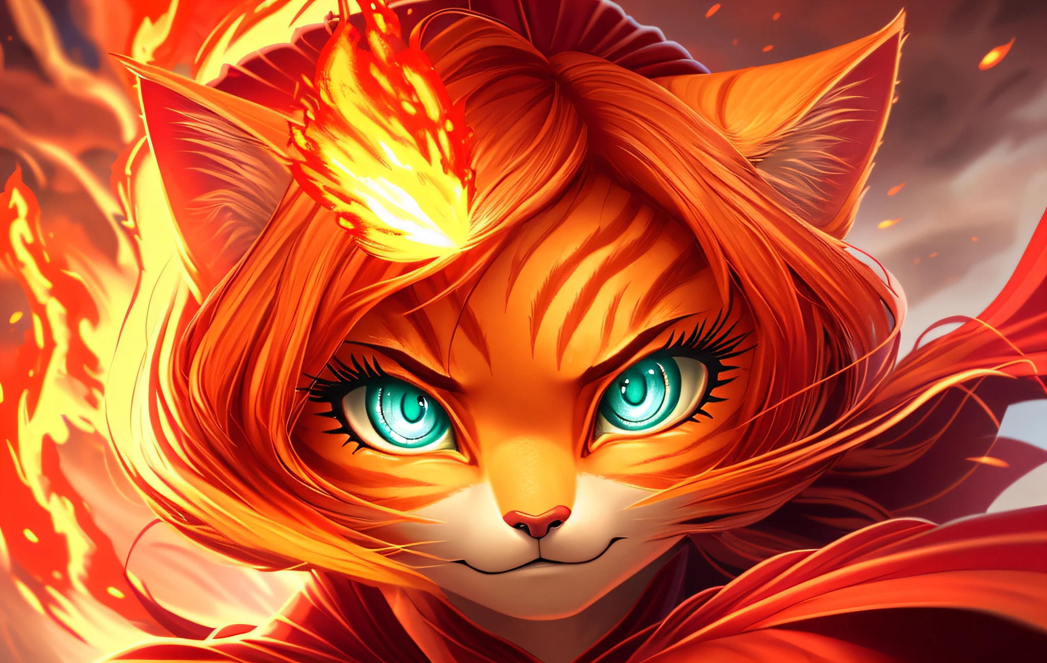 high quality digital illustration, close up portrait, perfect portrait, cinematic composition, fantasy style art, a pretty and heroic young anthropomorphic female cat, orange fur, orange hair, orange color, orange face, long eyelashes, big eyelashes, pretty eyes, teal eyes, faintly glowing teal eyes, protagonist, a female orange haired and teal-eyed cat warrior, red warrior dress, looking heroic, slight smile, determined look, fire, swirling fire, fire in the air, dramatic lighting, 4k, stunning visuals