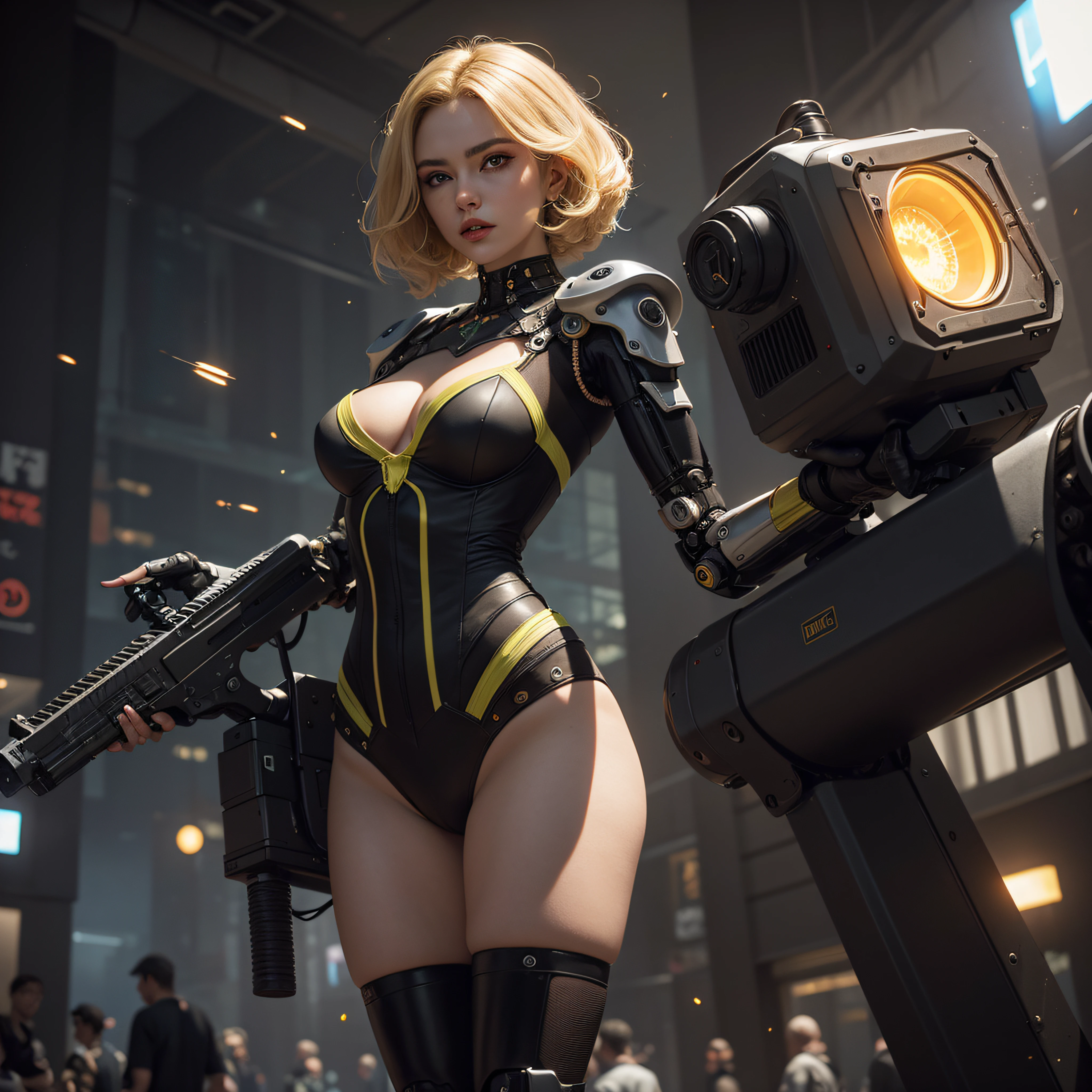 ((calidad superior)), ((obra maestra)), ((realista)), (Los detalles), (fotorrealista:1.5), Science-Fiction, HDR, Trazado de rayos, NVIDIA RTX, Los ultra-Highres, Irreal 5, Sub-Surface Scatterring, PBR texturizado, Post-procesamiento, Anisotropic filtering, Profundidad de campos, maximum sharpness and sharpness, Regla de los tercios、8K RAW、(Luminescent Particles:1.4)、(super-detailed CG、Unidad 8k Fondos de pantalla、lighting like a movie、destello de lente、foco nítido. Blonde girl with yellow corset, Robotic Parts, Cannon fire, guerra urbana, Armas, pistola, Arte cyberpunk、arquitectura cyberpunk