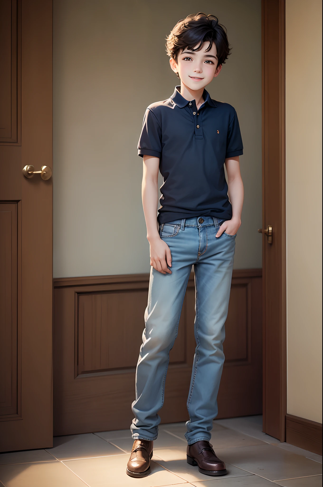 masterpiece, best quality, a (((boy))) smiling stand up, jeans, (polo shirt), young, a youthful boy, ((full body))