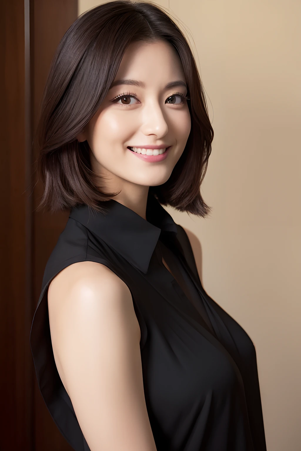 (highest quality, 8k, 32k, masterpiece, Ultra-high resolution:1.2),Beautiful Japanese Women Photos, （D cup breasts:1.4), Very short bob hair,Upper Body,Face Focus,（black formal blouse：1.4）、Black ruffled blouse,（Pearl Necklace:1.4), （Very small office:1.6), The viewer is looking at her from the side, （smile:1.6)