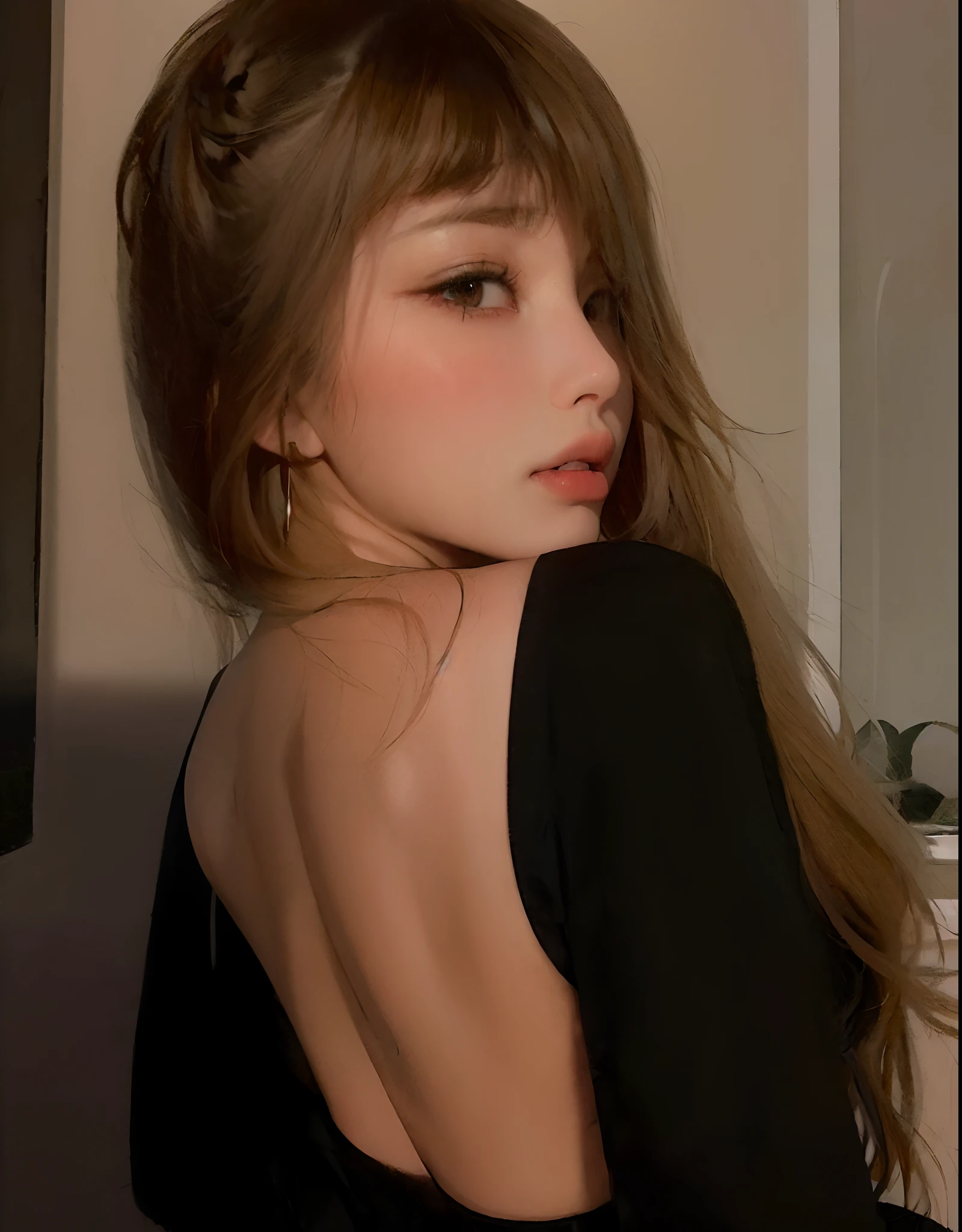 masterpiece, best quality, (dark photo:1.3), photorealistic, 1girl, flat bangs, stunning innocent symmetry face, shirt, emotional, ulzzang, (PureErosFace_V1:0.7)