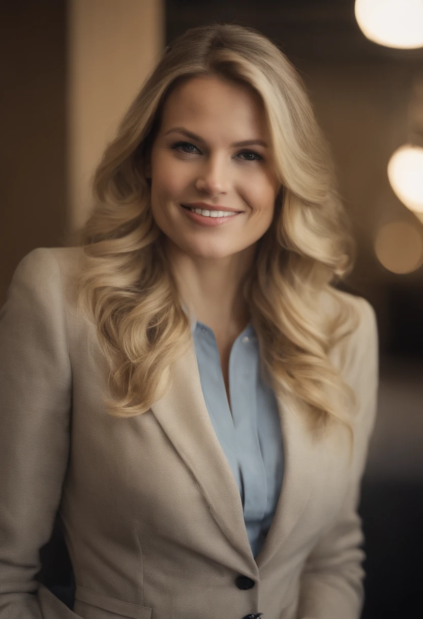 a picure of a blonde caucasian business-woman, brown eyes, business portrait, gently smiling, looking into the camera, dressed corporate in a suit, at a business party, surrounded by her colleagues. Style: classic