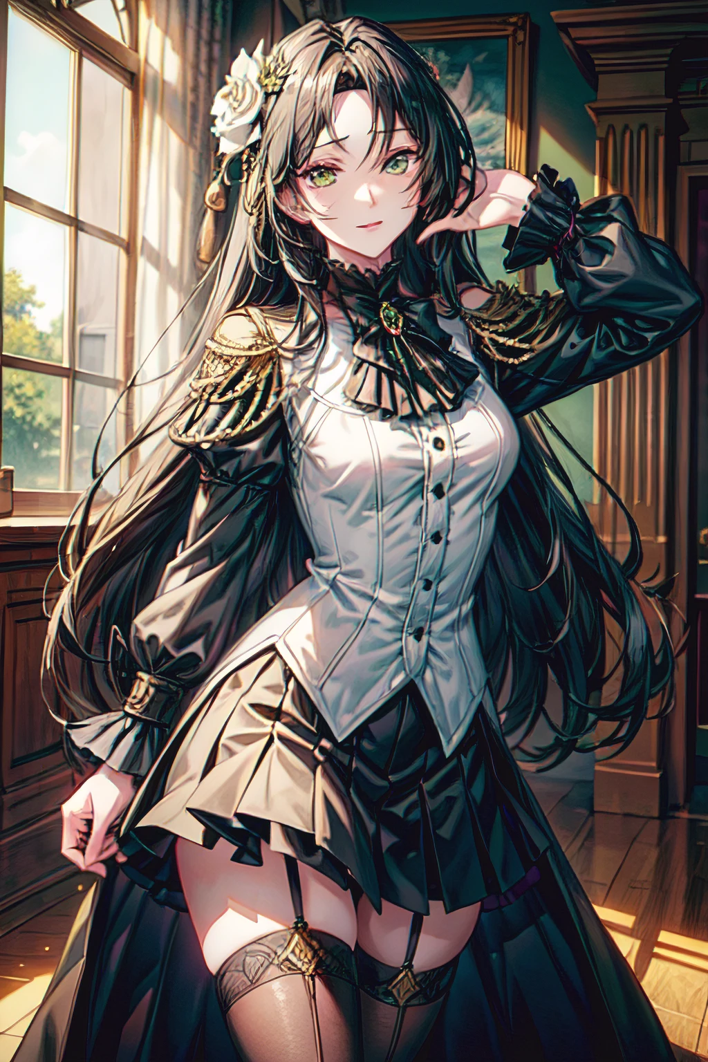 masterpiece, best quality, absurdres, half-body portrait, 1girl, human, female, black hair, long hair, green eyes, long black coat, winged shaped hair pin, beauty mark under right eye, white shirt, silver cravat, black skirt, tennis skirt, black stockings, smirking, looking at viewer, standing, arms at sides, (Charming 1.2), (Frivolous expression 1.2), aristocrat, magus, Fate/Grand Order, hair flower, black hair