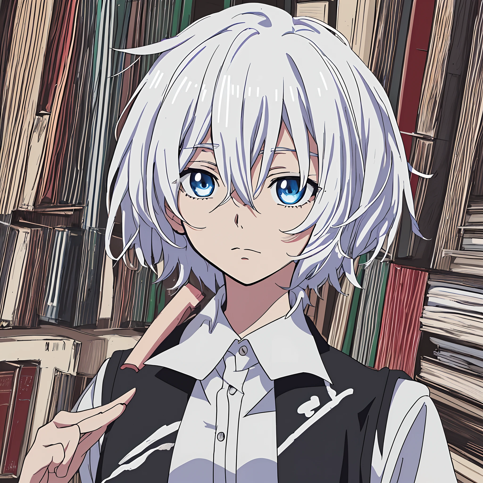 masterpiece,high quality, ((anime art style)),flat color,Sharp,looking at viewer,White hair,SkyBlue eyes, medium hair,hair between eyes,White collared shirt,black collared vest,(portrait),Library, messy room