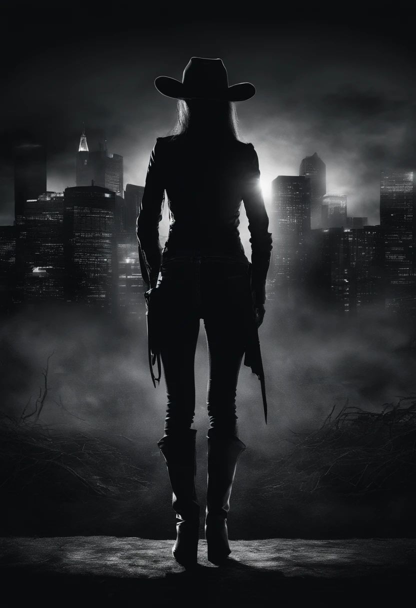silhouette of cowgirl woman, full body, from behind, dramatic lights, black and white, realistic photography, cowgirl outfit, city background