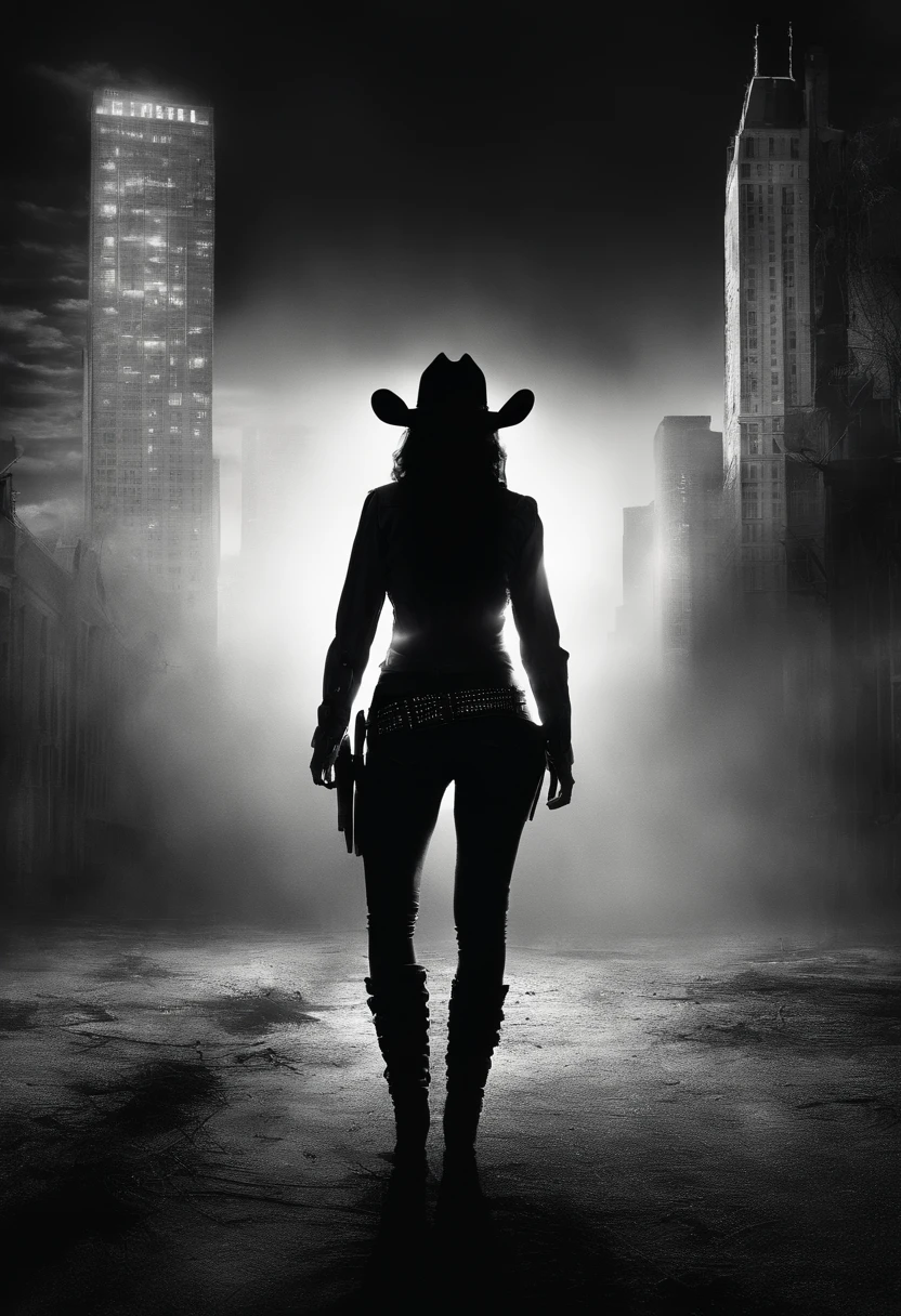 silhouette of cowgirl woman, full body, from behind, dramatic lights, black and white, realistic photography, cowgirl outfit, city background